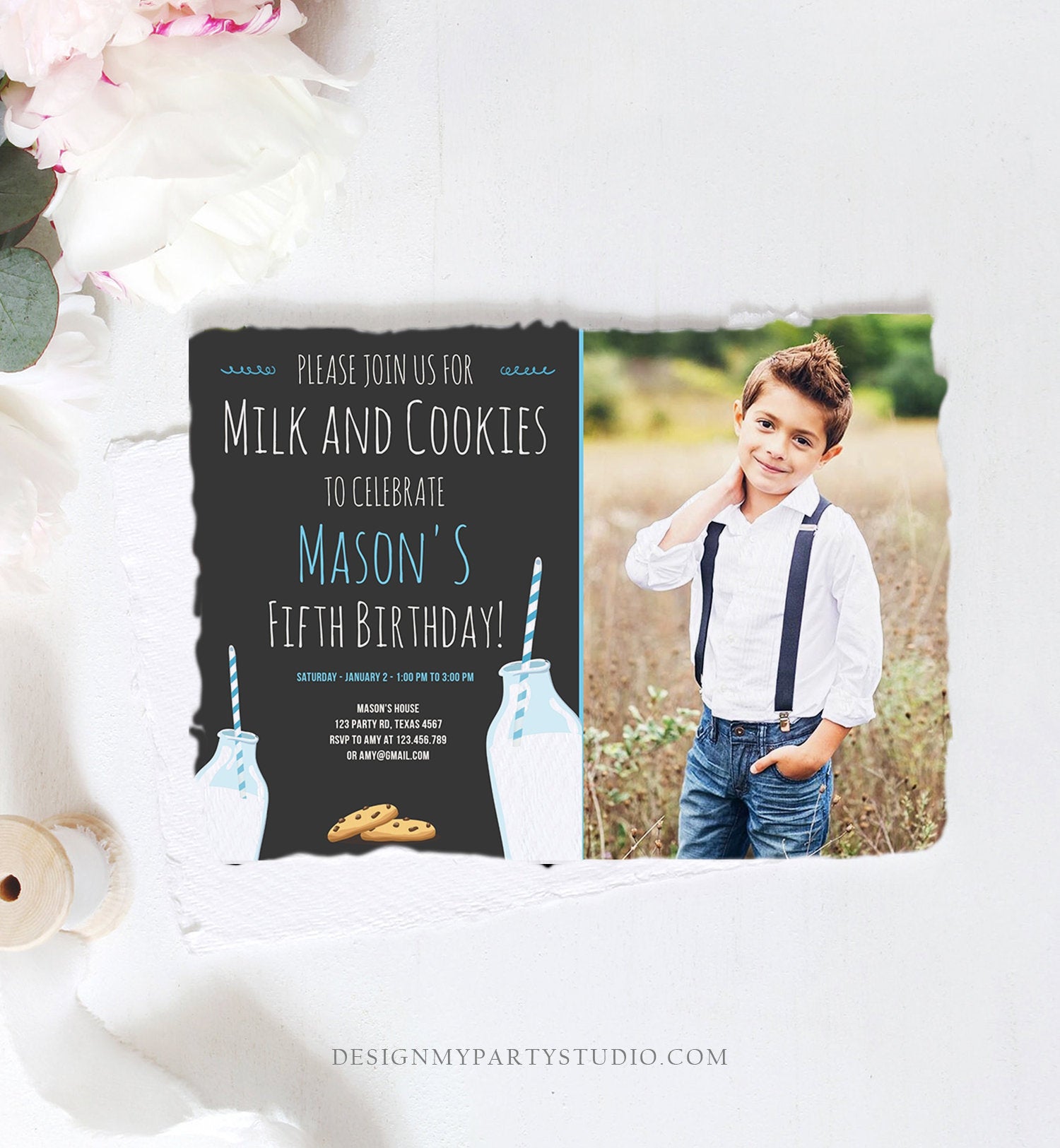 Editable Milk and Cookies Birthday Invitation Milk & Cookies Party Boy Blue Sweet Chocolate Chip Cookie Corjl Template Printable 0088