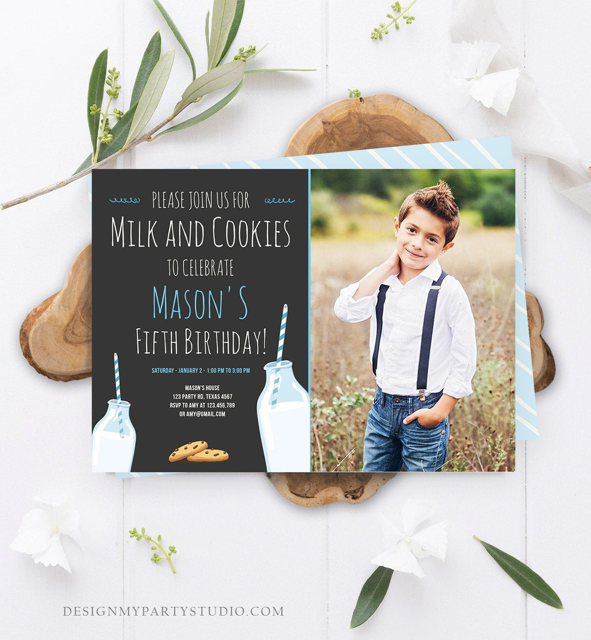 Editable Milk and Cookies Birthday Invitation Milk &amp; Cookies Party Boy Blue Sweet Chocolate Chip Cookie Corjl Template Printable 0088