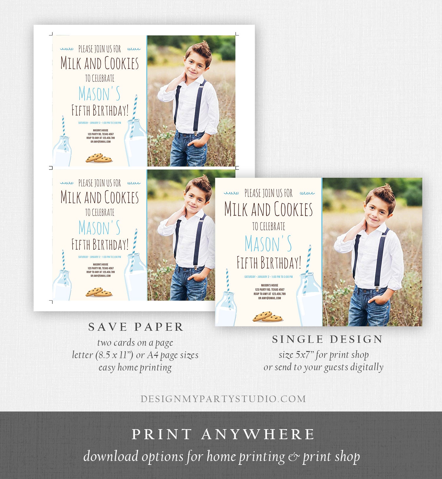 Editable Milk and Cookies Birthday Invitation Milk & Cookies Party Boy Blue Sweet Chocolate Chip Cookie Corjl Template Printable 0088