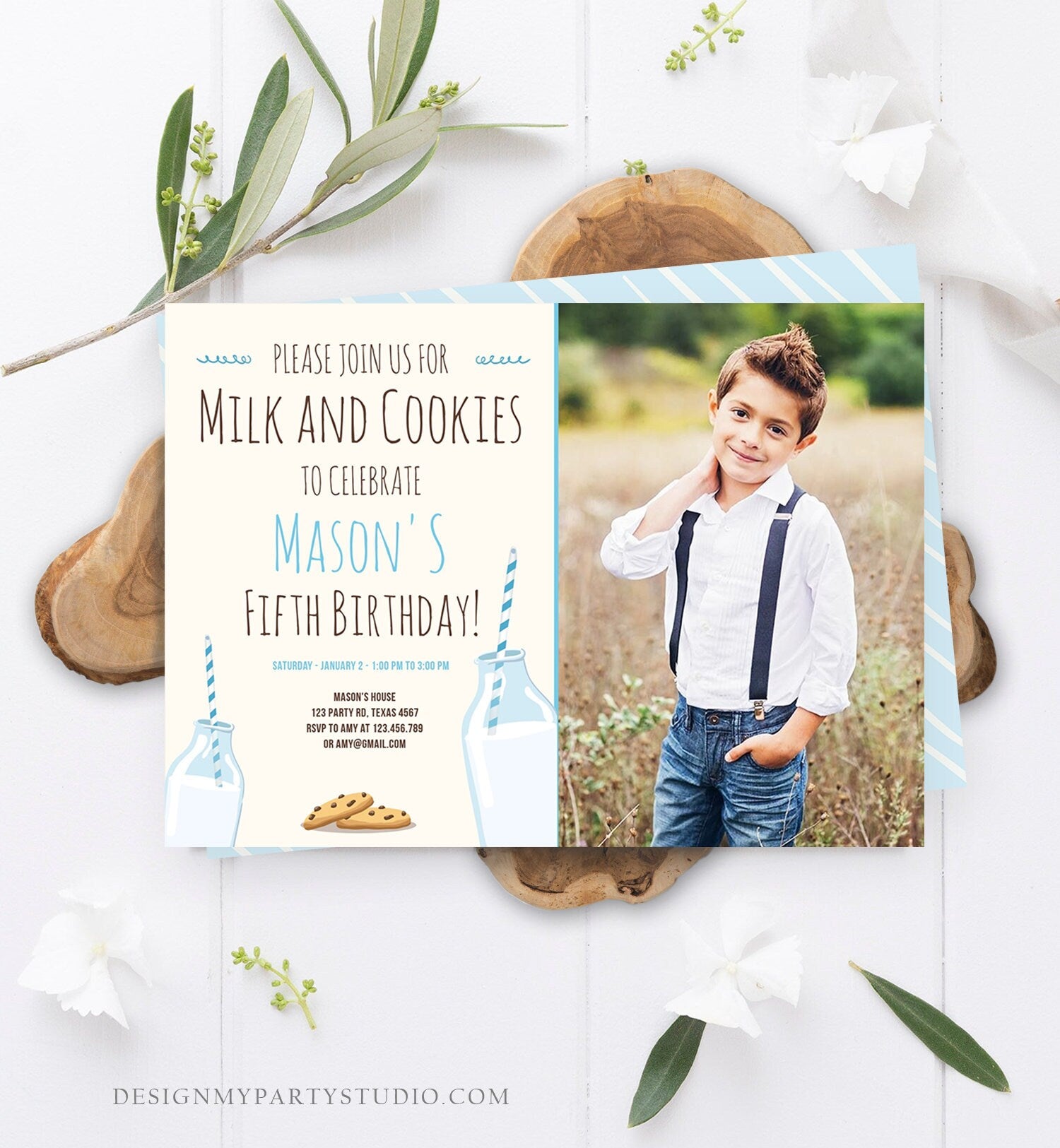 Editable Milk and Cookies Birthday Invitation Milk & Cookies Party Boy Blue Sweet Chocolate Chip Cookie Corjl Template Printable 0088