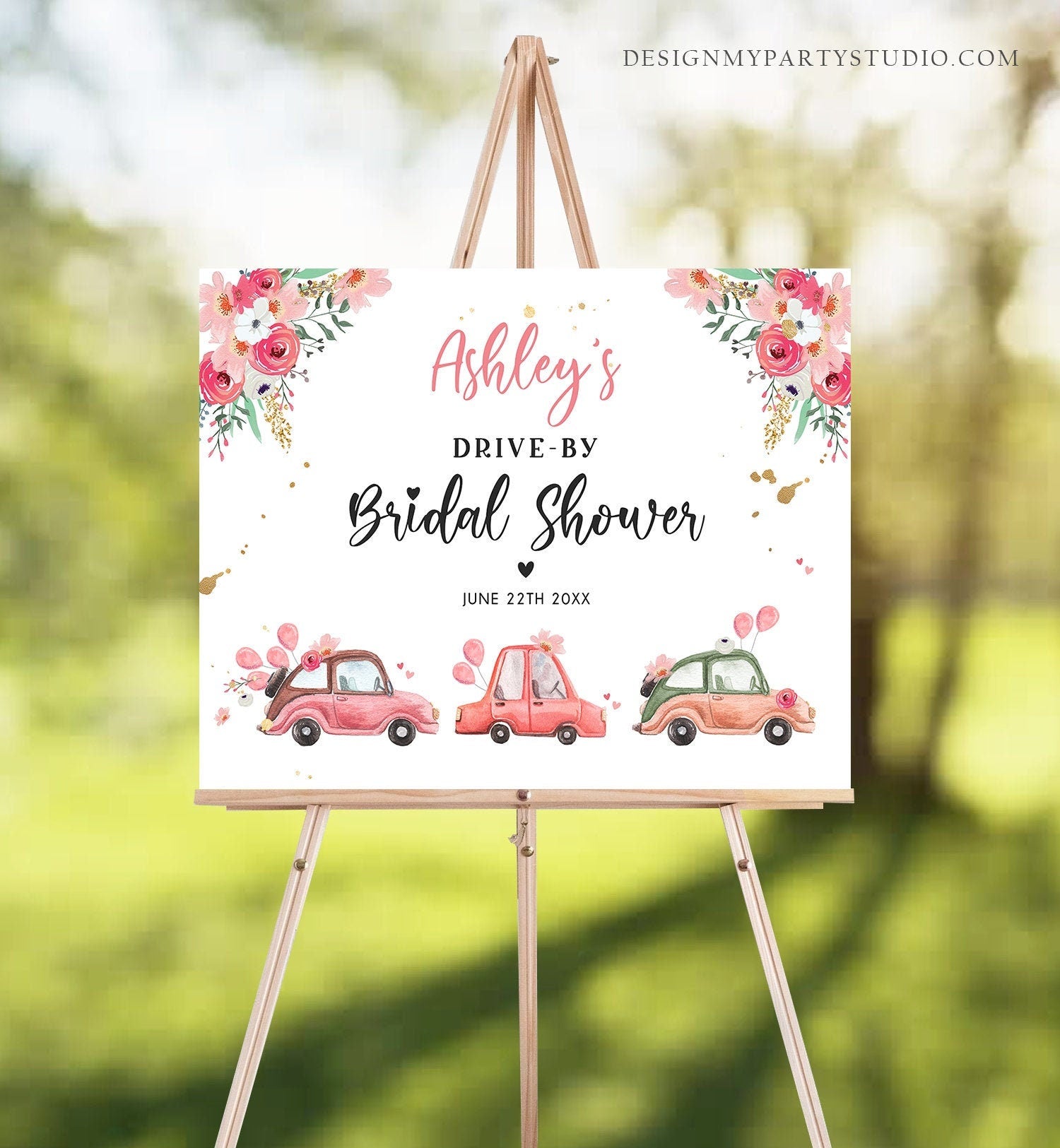 Editable Drive By Bridal Shower Sign Welcome Pink Gold Floral Couples Quarantine Party Drive Through Parade Yard Sign Corjl Template 0335