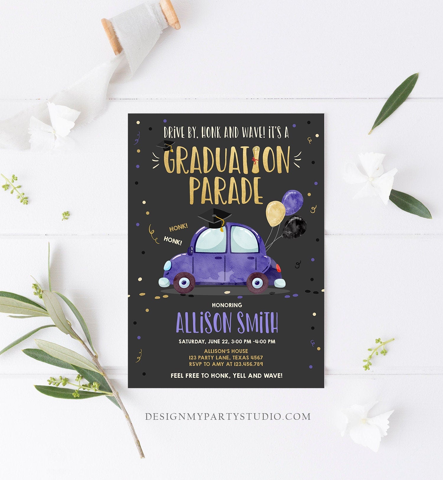 Editable Drive By Graduation Parade Invitation Drive Through Party Gold Blue Quarantine Graduate 2021 High School Grad Download Corjl 0337