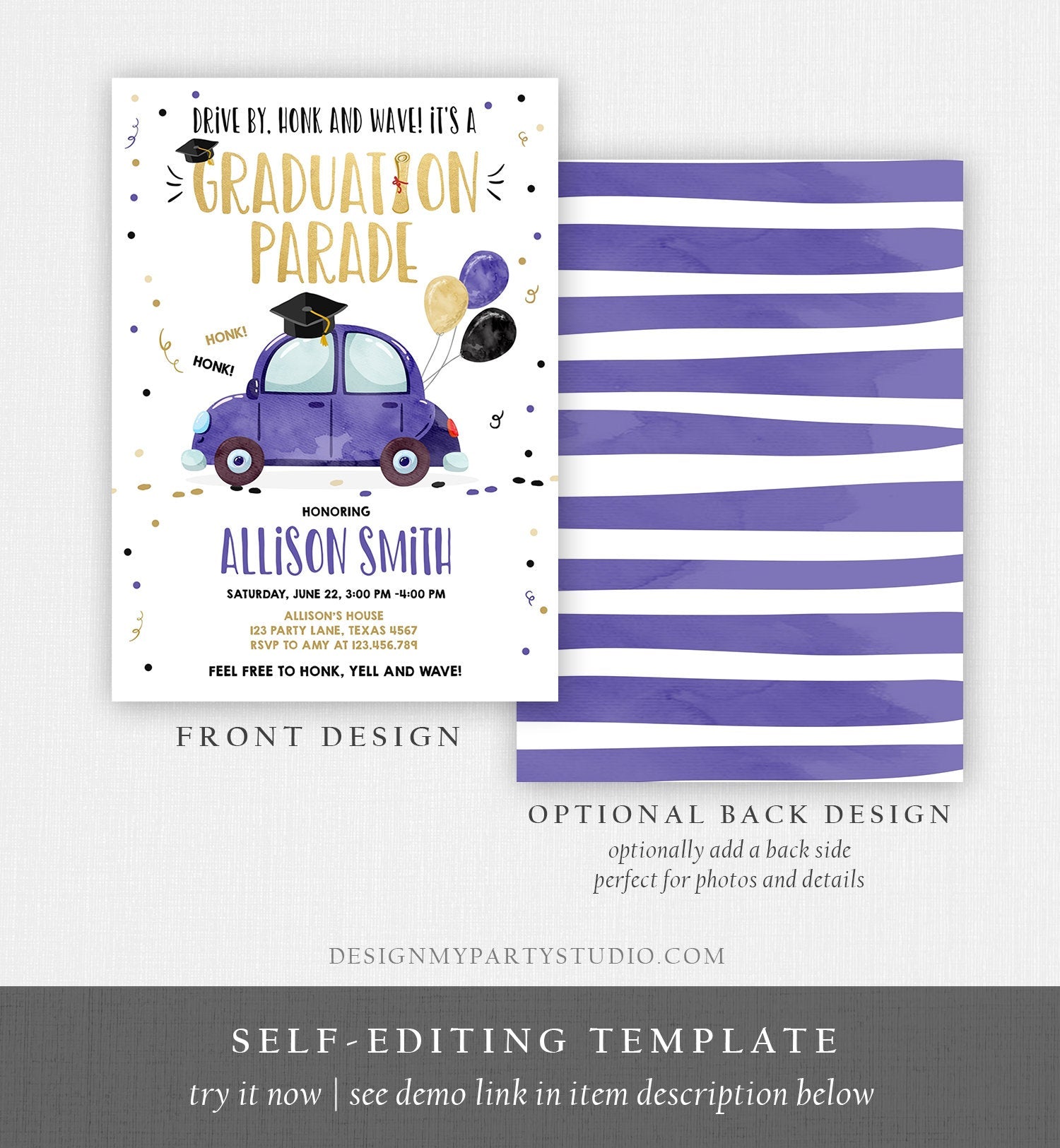 Editable Drive By Graduation Parade Invitation Drive Through Party Gold Blue Quarantine Graduate 2020 High School Grad Download Corjl 0337