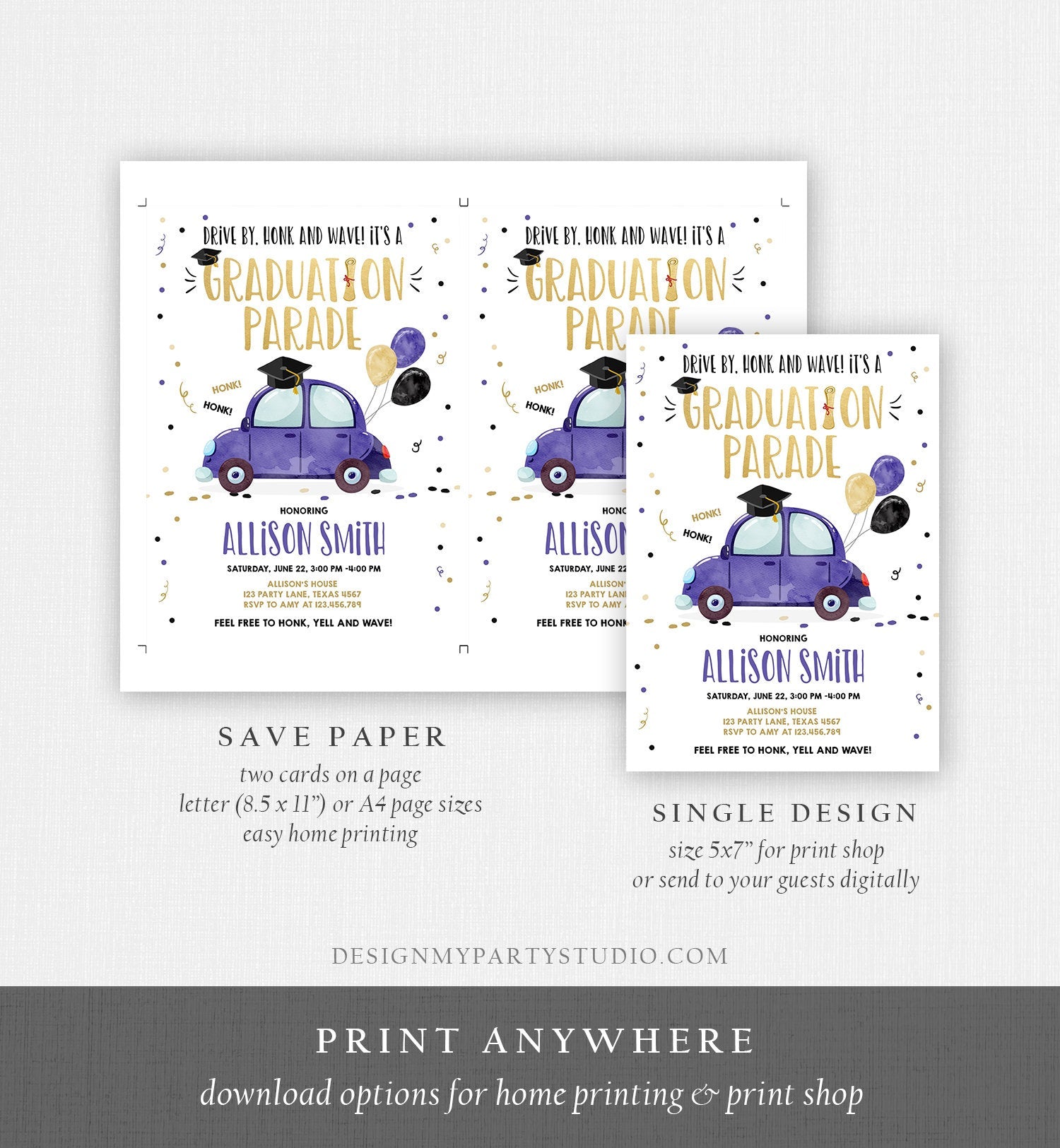 Editable Drive By Graduation Parade Invitation Drive Through Party Gold Blue Quarantine Graduate 2020 High School Grad Download Corjl 0337