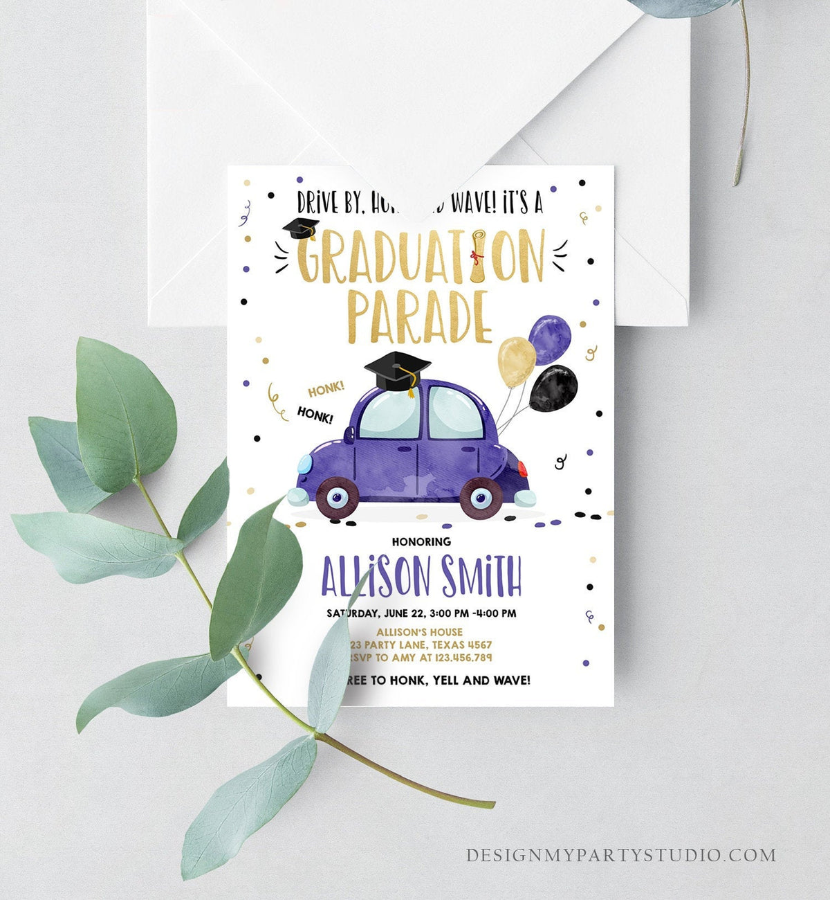 Editable Drive By Graduation Parade Invitation Drive Through Party Gold Blue Quarantine Graduate 2020 High School Grad Download Corjl 0337