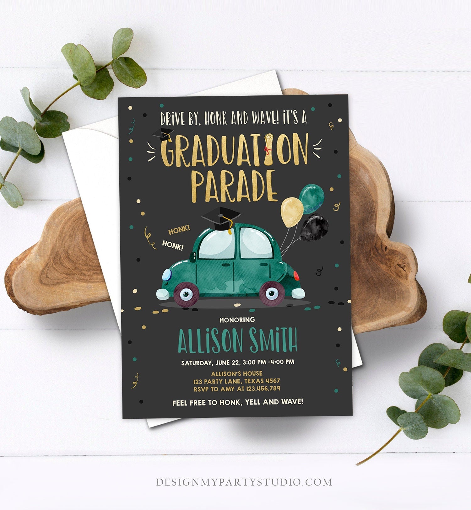 Editable Drive By Graduation Parade Invitation Drive Through Party Gold Green Quarantine Graduate 2021 High School Grad Download Corjl 0337