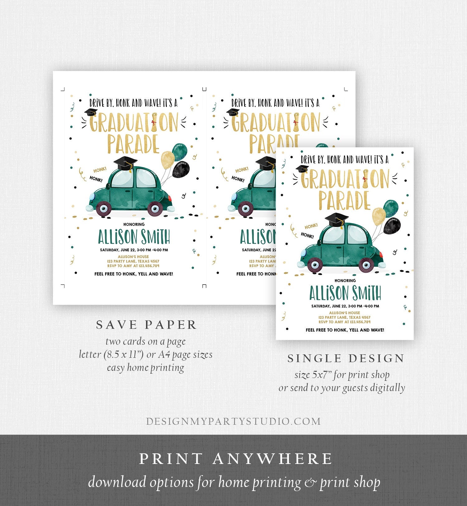 Editable Drive By Graduation Parade Invitation Drive Through Party Gold Green Quarantine Graduate 2021 High School Grad Download Corjl 0337