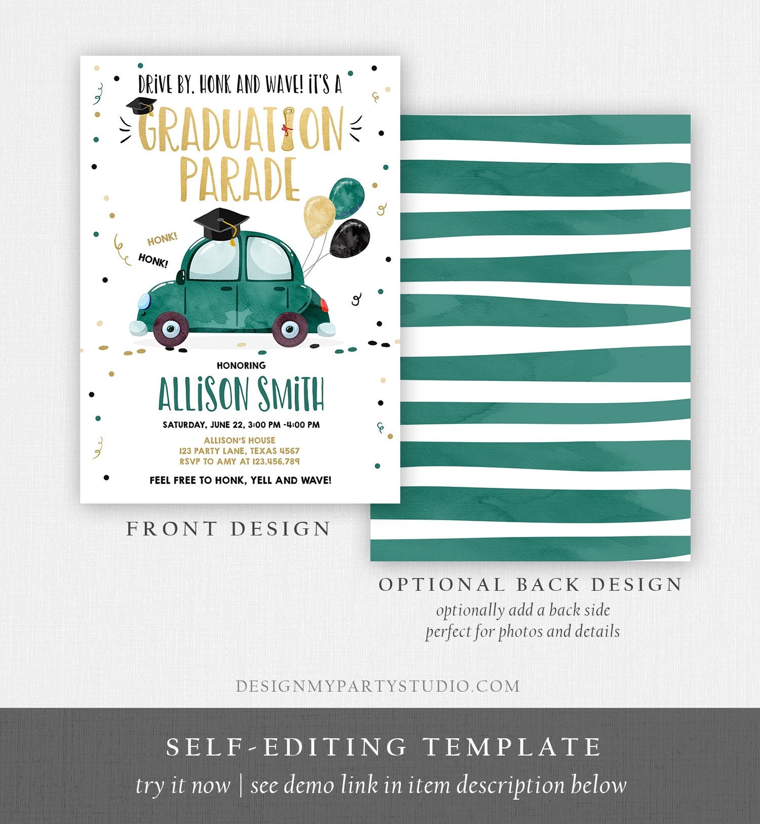 Editable Drive By Graduation Parade Invitation Drive Through Party Gold Green Quarantine Graduate 2021 High School Grad Download Corjl 0337