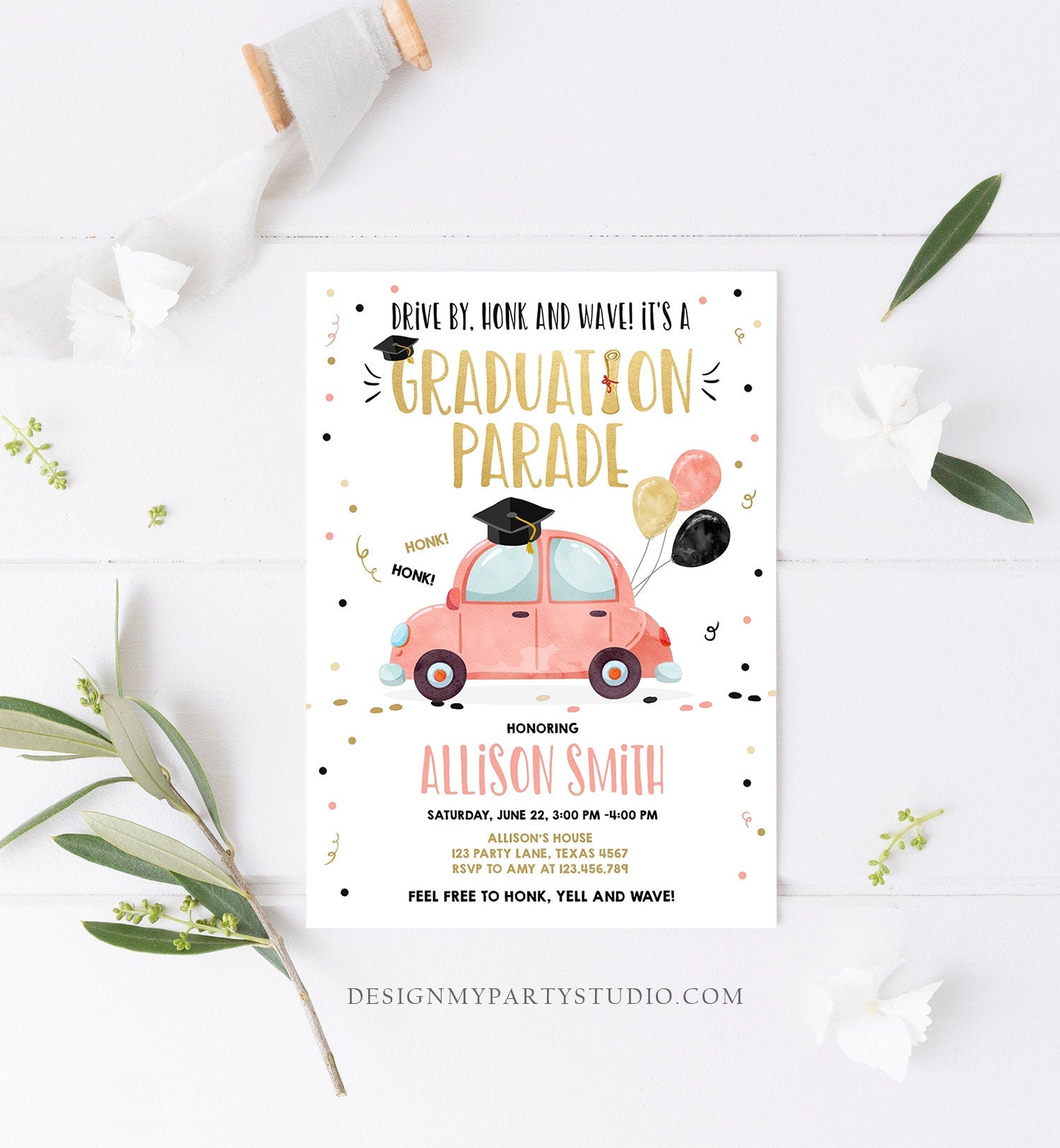 Editable Drive By Graduation Parade Invitation Drive Through Party Gold Coral Quarantine Graduate 2021 High School Grad Download Corjl 0337