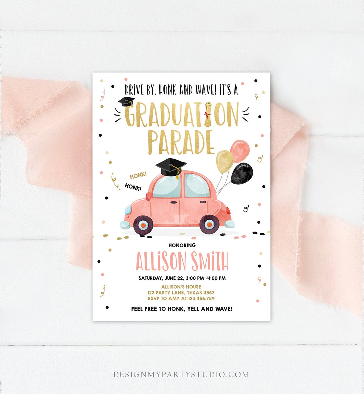 Editable Drive By Graduation Parade Invitation Drive Through Party Gold Coral Quarantine Graduate 2021 High School Grad Download Corjl 0337