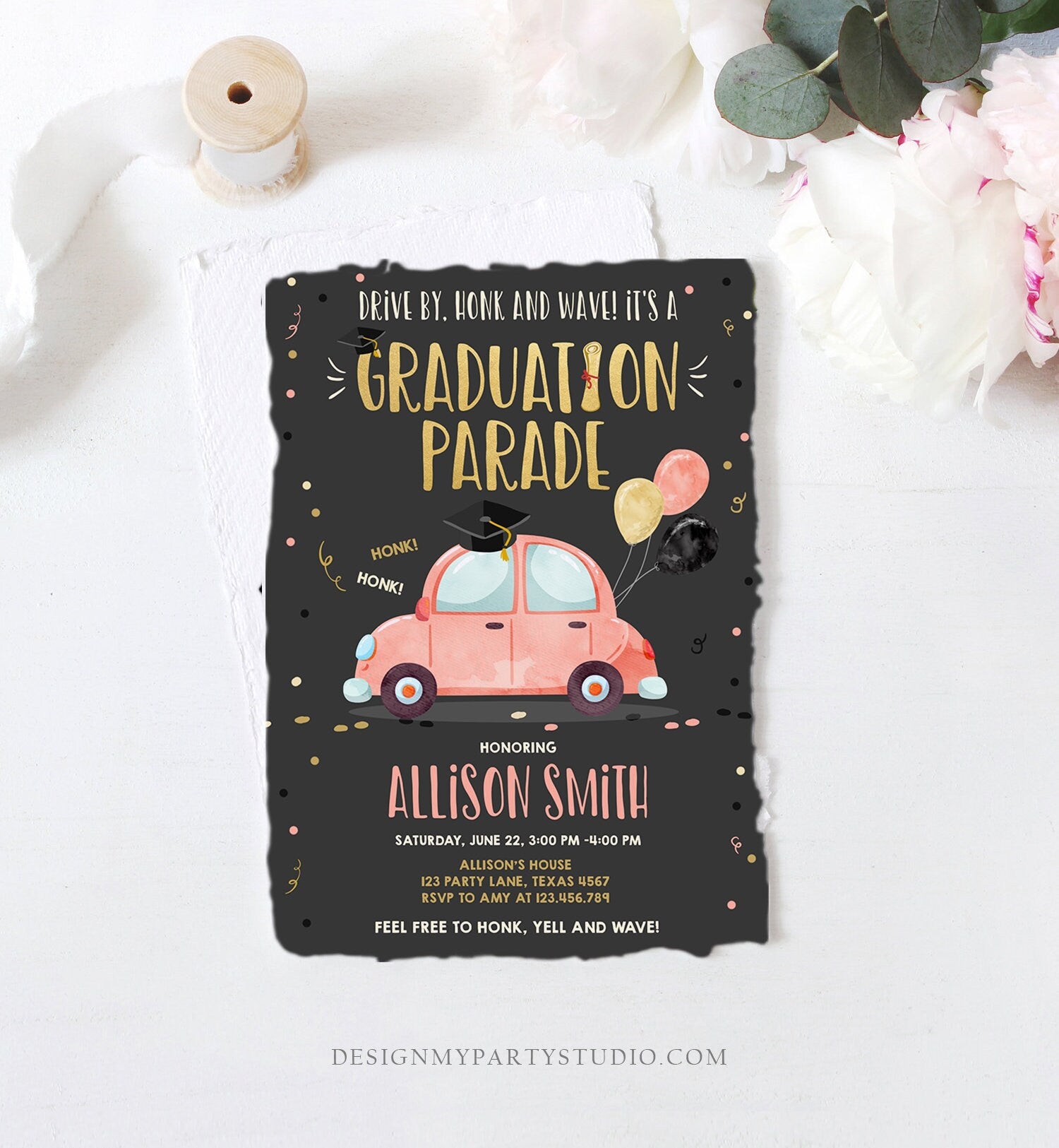 Editable Drive By Graduation Parade Invitation Drive Through Party Gold Coral Quarantine Graduate 2021 High School Grad Download Corjl 0337