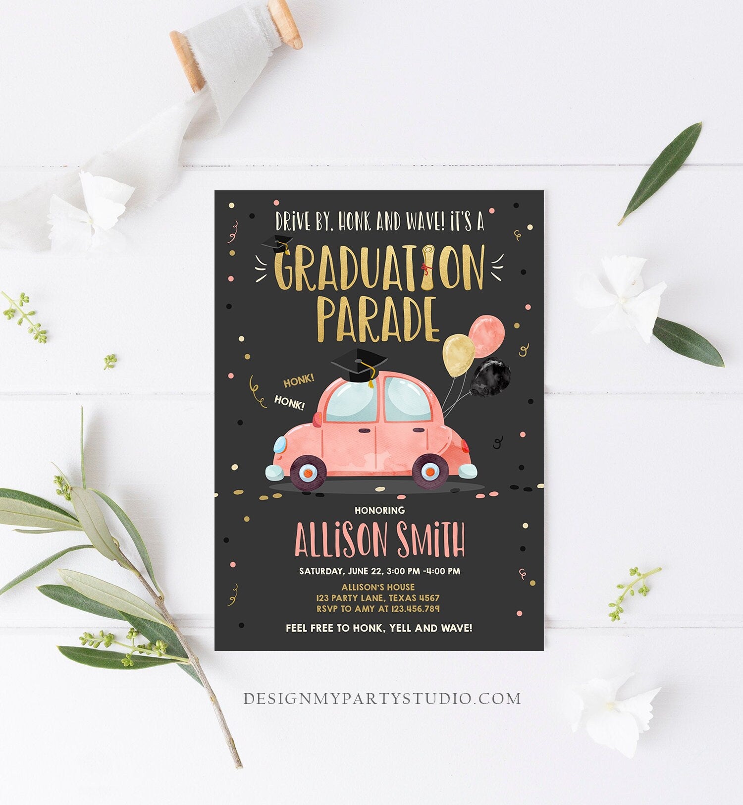 Editable Drive By Graduation Parade Invitation Drive Through Party Gold Coral Quarantine Graduate 2021 High School Grad Download Corjl 0337