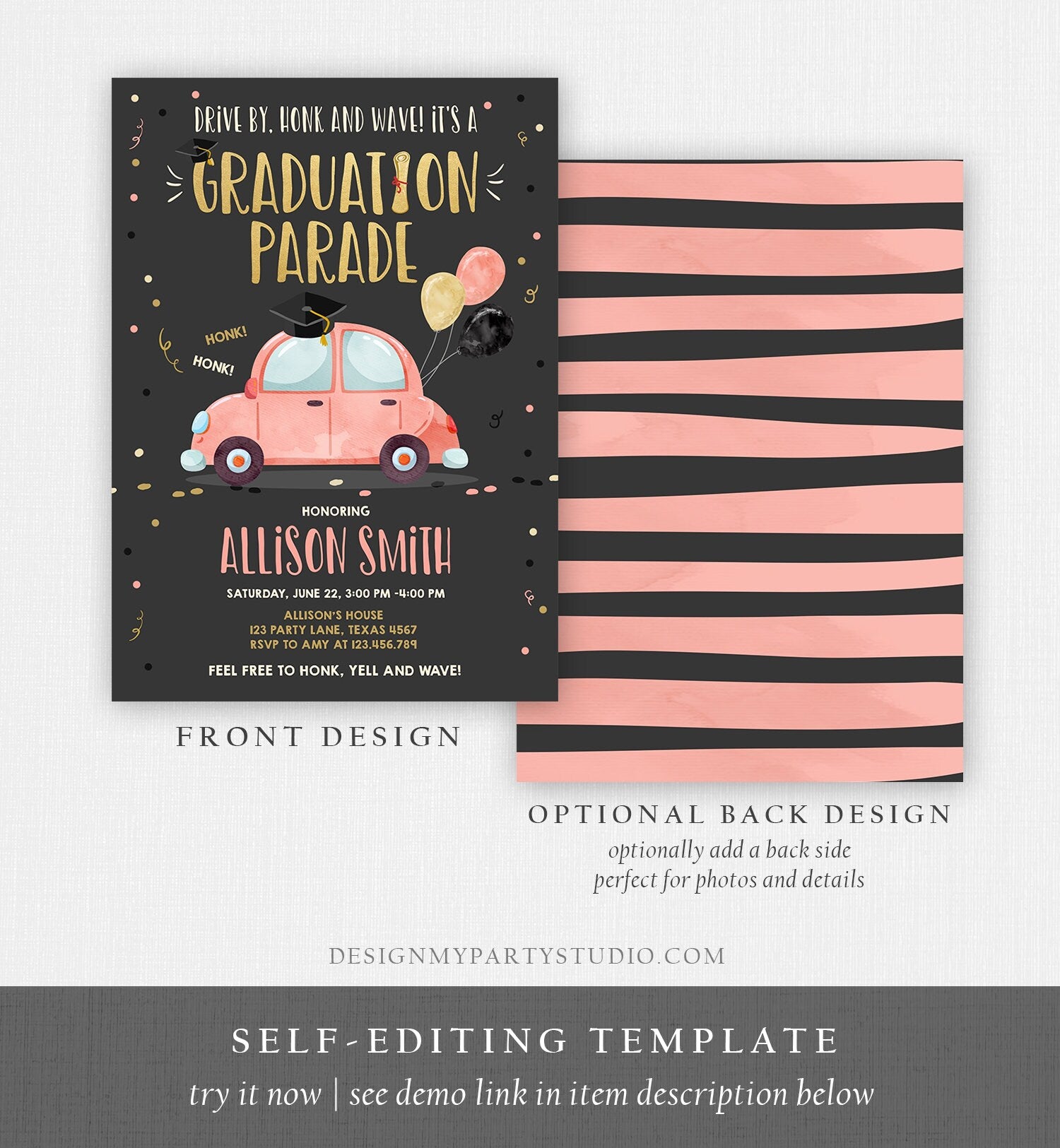 Editable Drive By Graduation Parade Invitation Drive Through Party Gold Coral Quarantine Graduate 2021 High School Grad Download Corjl 0337