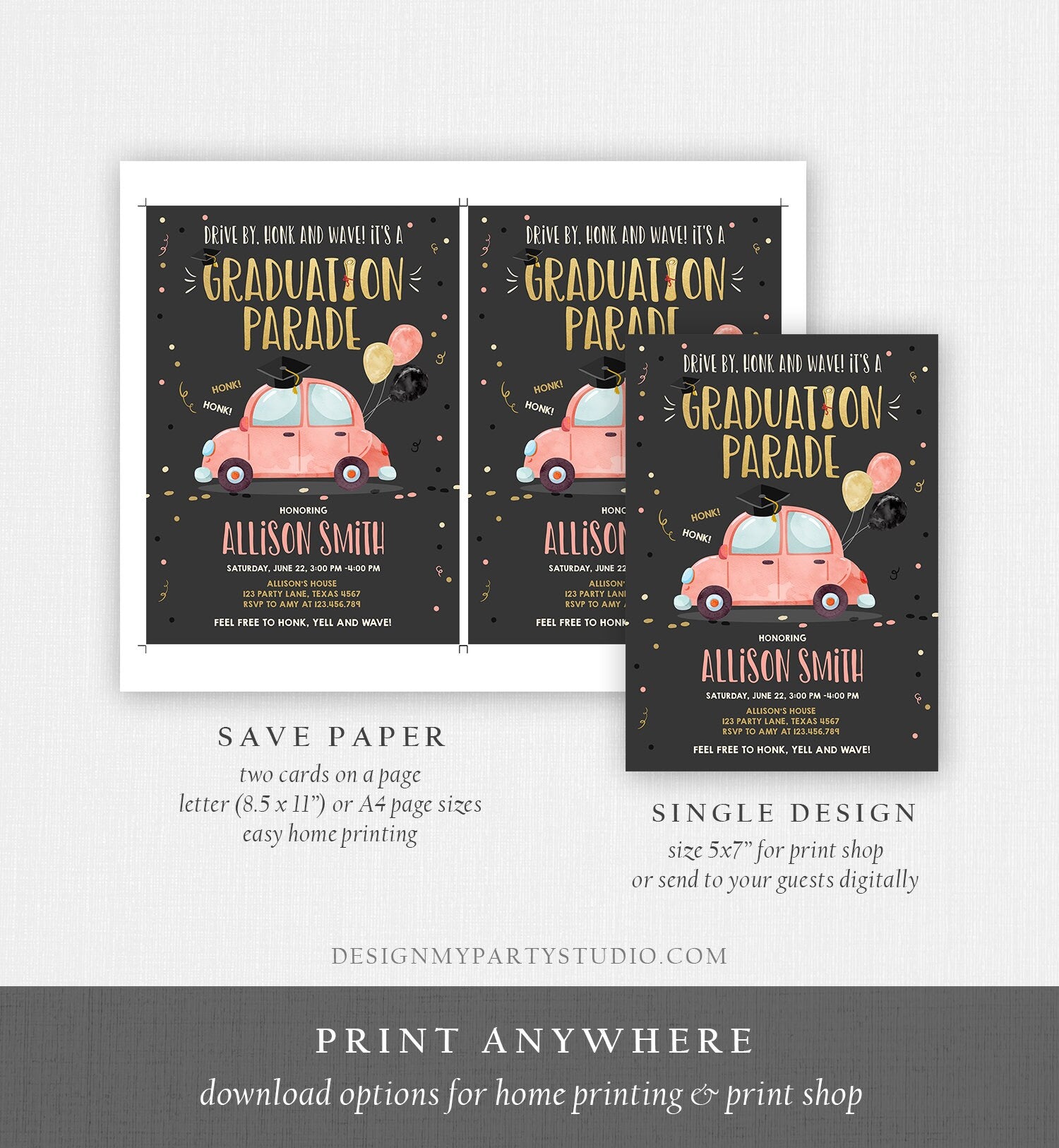 Editable Drive By Graduation Parade Invitation Drive Through Party Gold Coral Quarantine Graduate 2021 High School Grad Download Corjl 0337