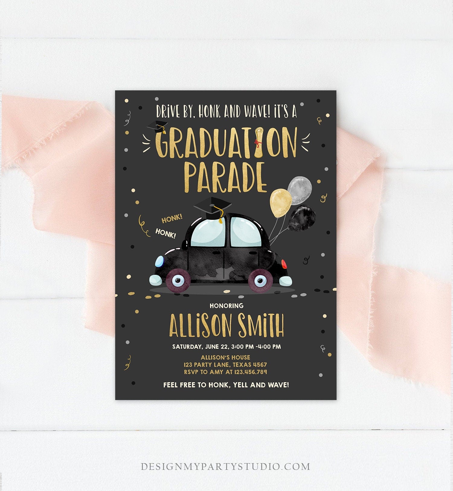 Editable Drive By Graduation Parade Invitation Drive Through Party Gold BlackQuarantine Graduate 2021 High School Grad Download Corjl 0337