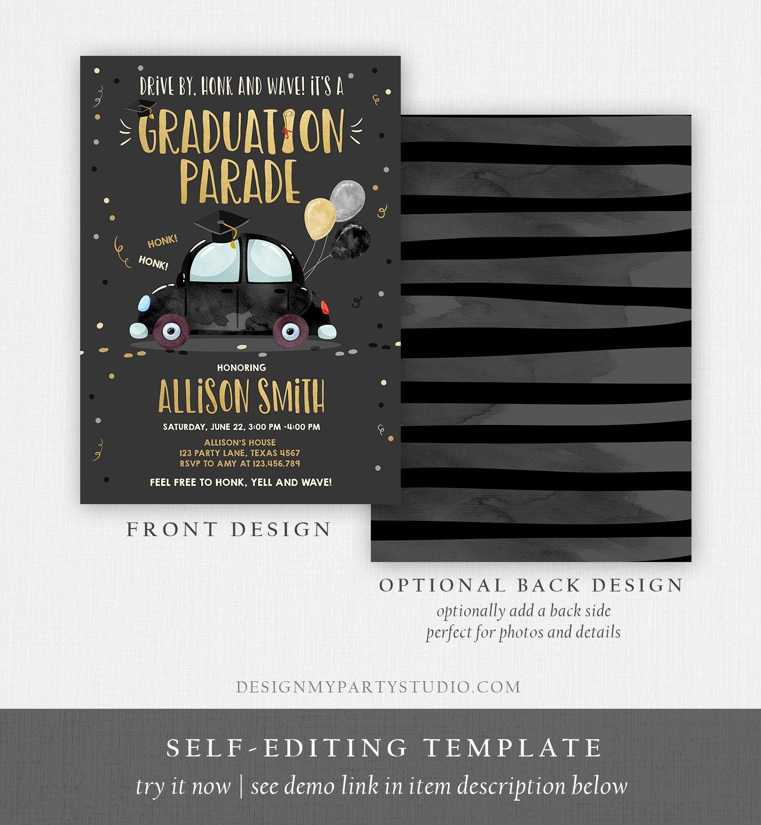 Editable Drive By Graduation Parade Invitation Drive Through Party Gold BlackQuarantine Graduate 2021 High School Grad Download Corjl 0337