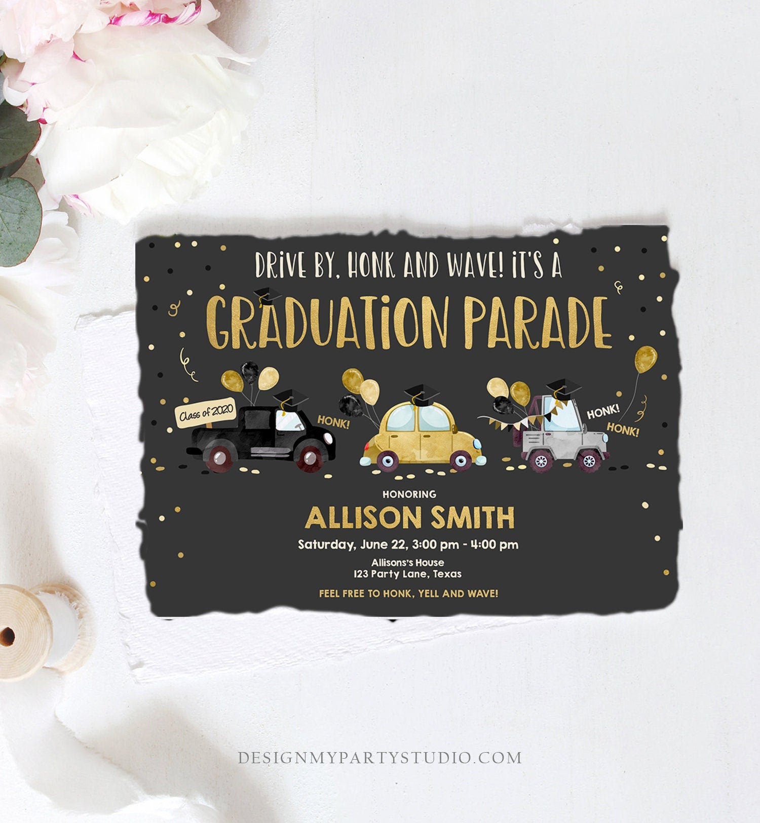 Editable Drive By Graduation Parade Invitation Drive Through Party Gold Girl Quarantine Graduate 2021 High School Grad Download Corjl 0337