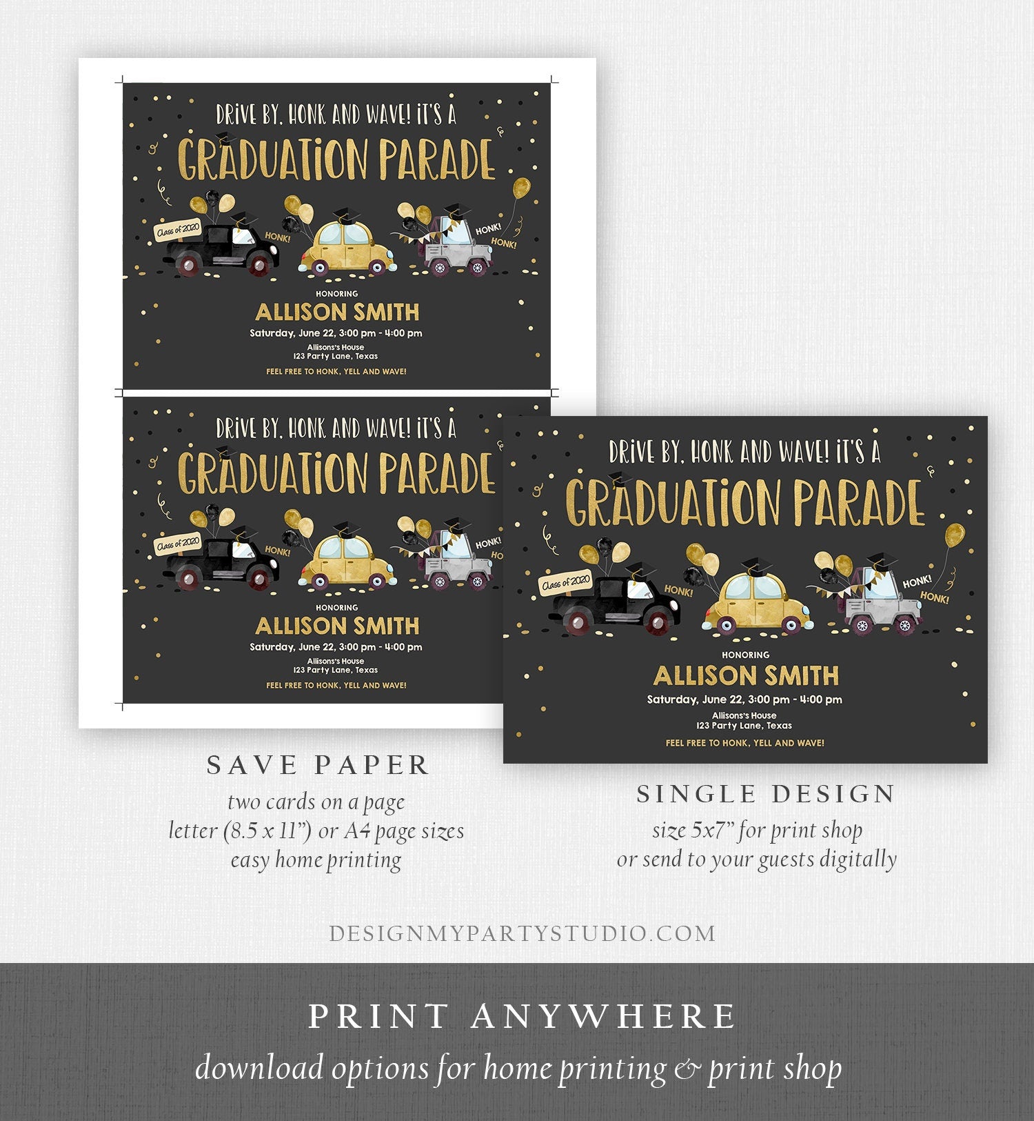 Editable Drive By Graduation Parade Invitation Drive Through Party Gold Girl Quarantine Graduate 2021 High School Grad Download Corjl 0337