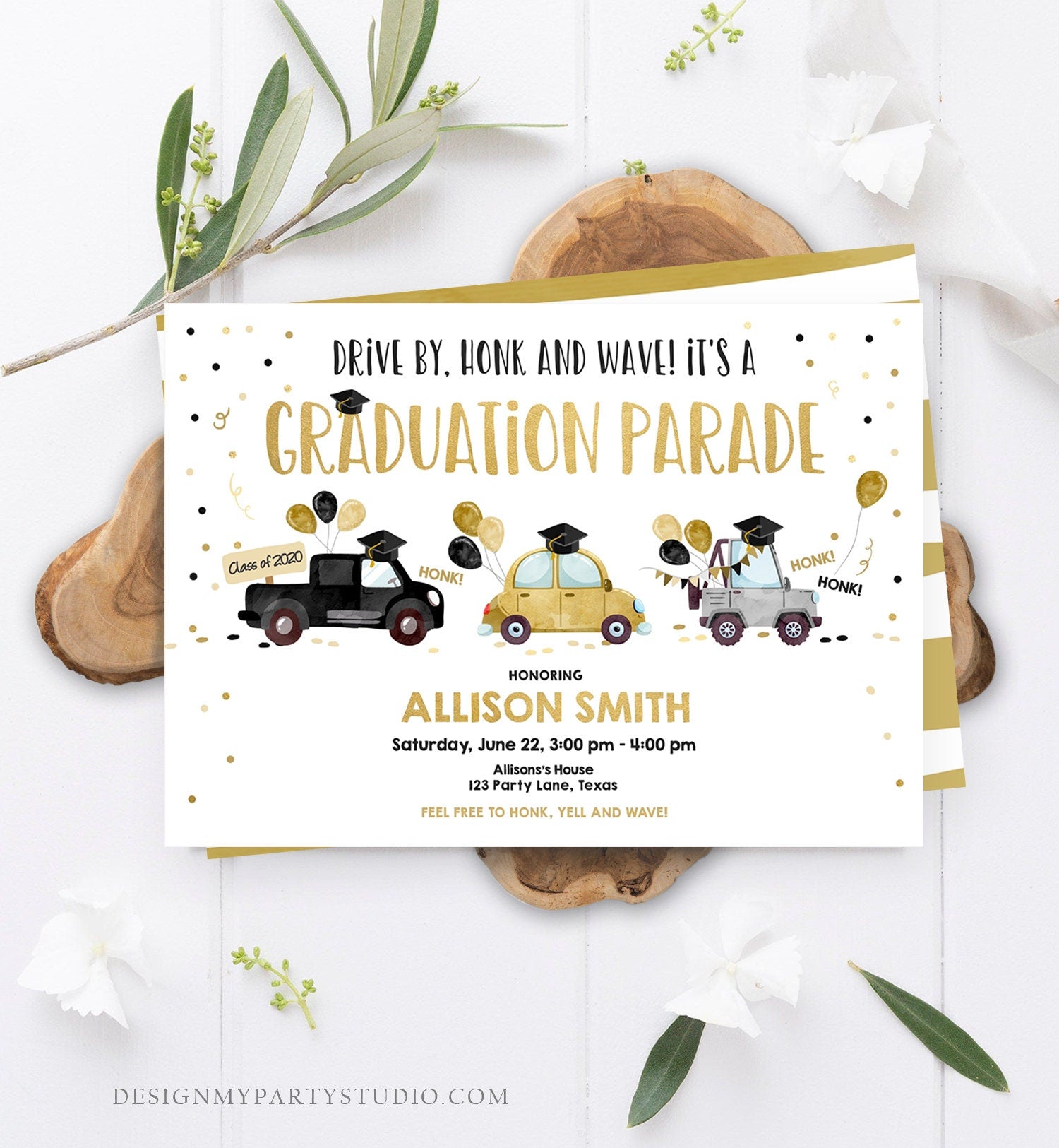 Editable Drive By Graduation Parade Invitation Drive Through Party Gold Girl Quarantine Graduate 2021 High School Grad Download Corjl 0337