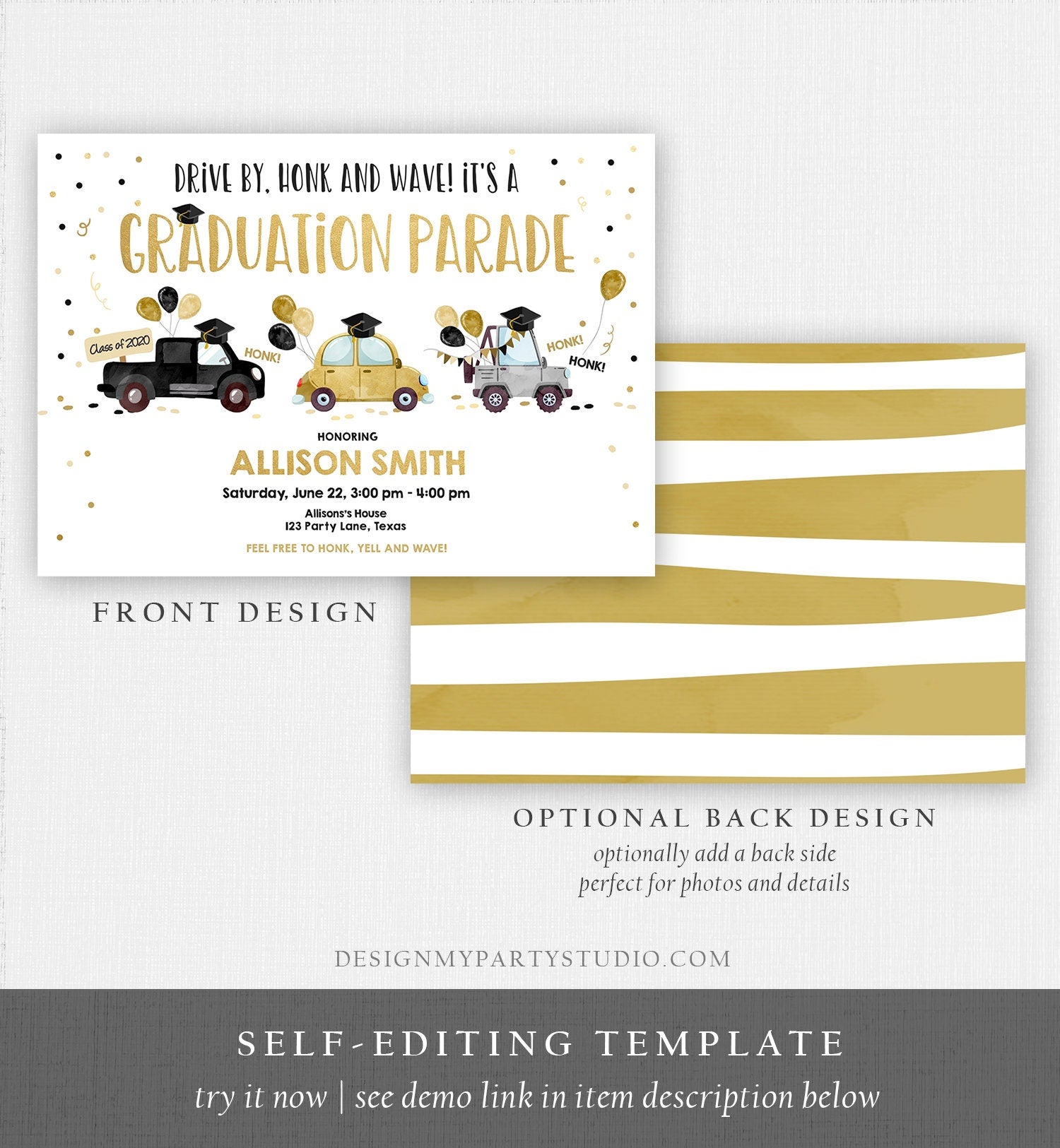 Editable Drive By Graduation Parade Invitation Drive Through Party Gold Girl Quarantine Graduate 2021 High School Grad Download Corjl 0337