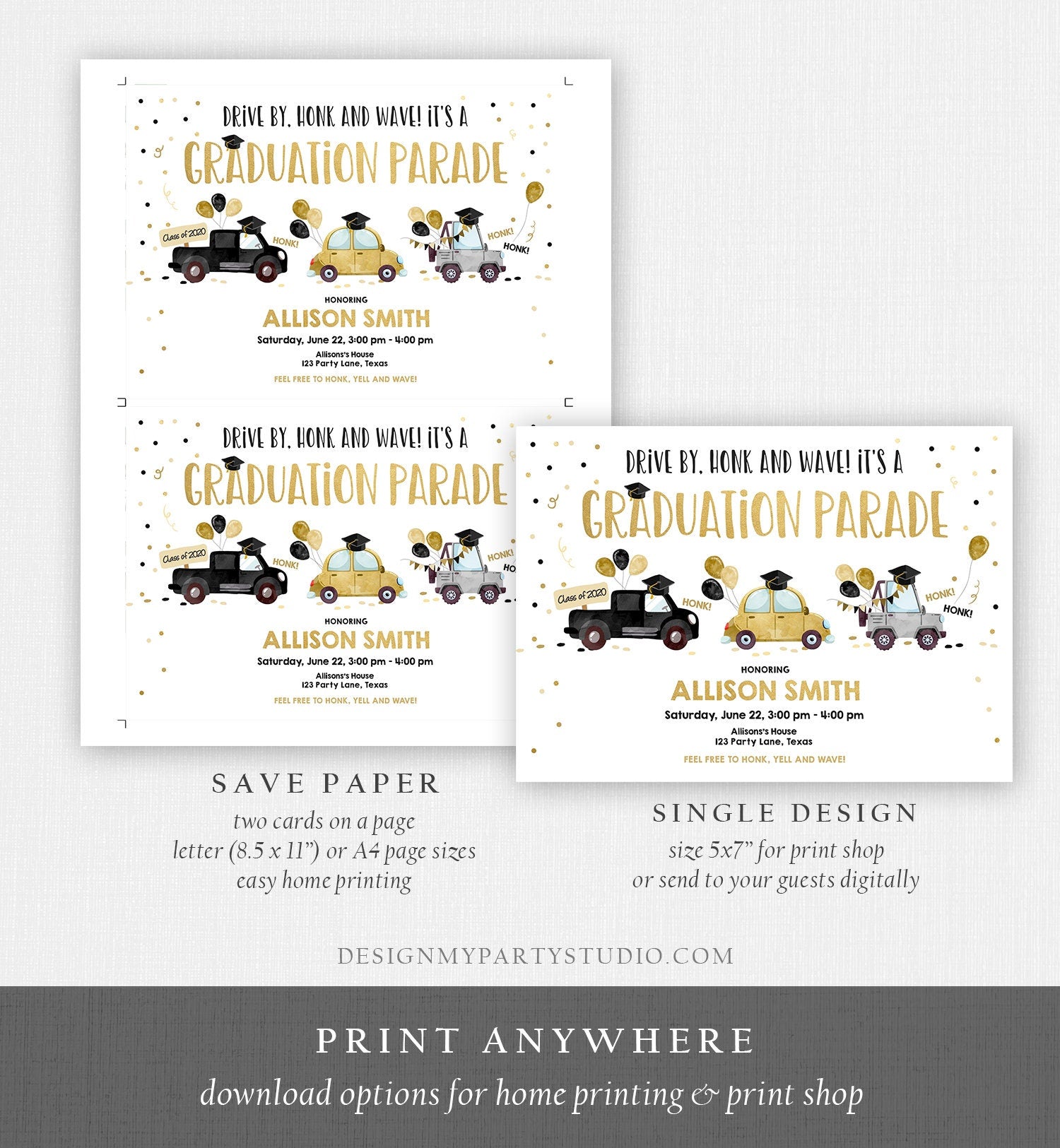 Editable Drive By Graduation Parade Invitation Drive Through Party Gold Girl Quarantine Graduate 2021 High School Grad Download Corjl 0337