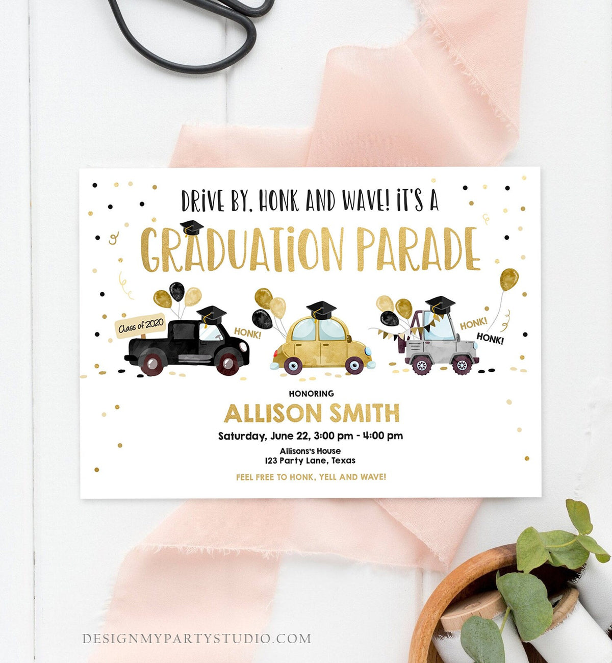 Editable Drive By Graduation Parade Invitation Drive Through Party Gold Girl Quarantine Graduate 2021 High School Grad Download Corjl 0337