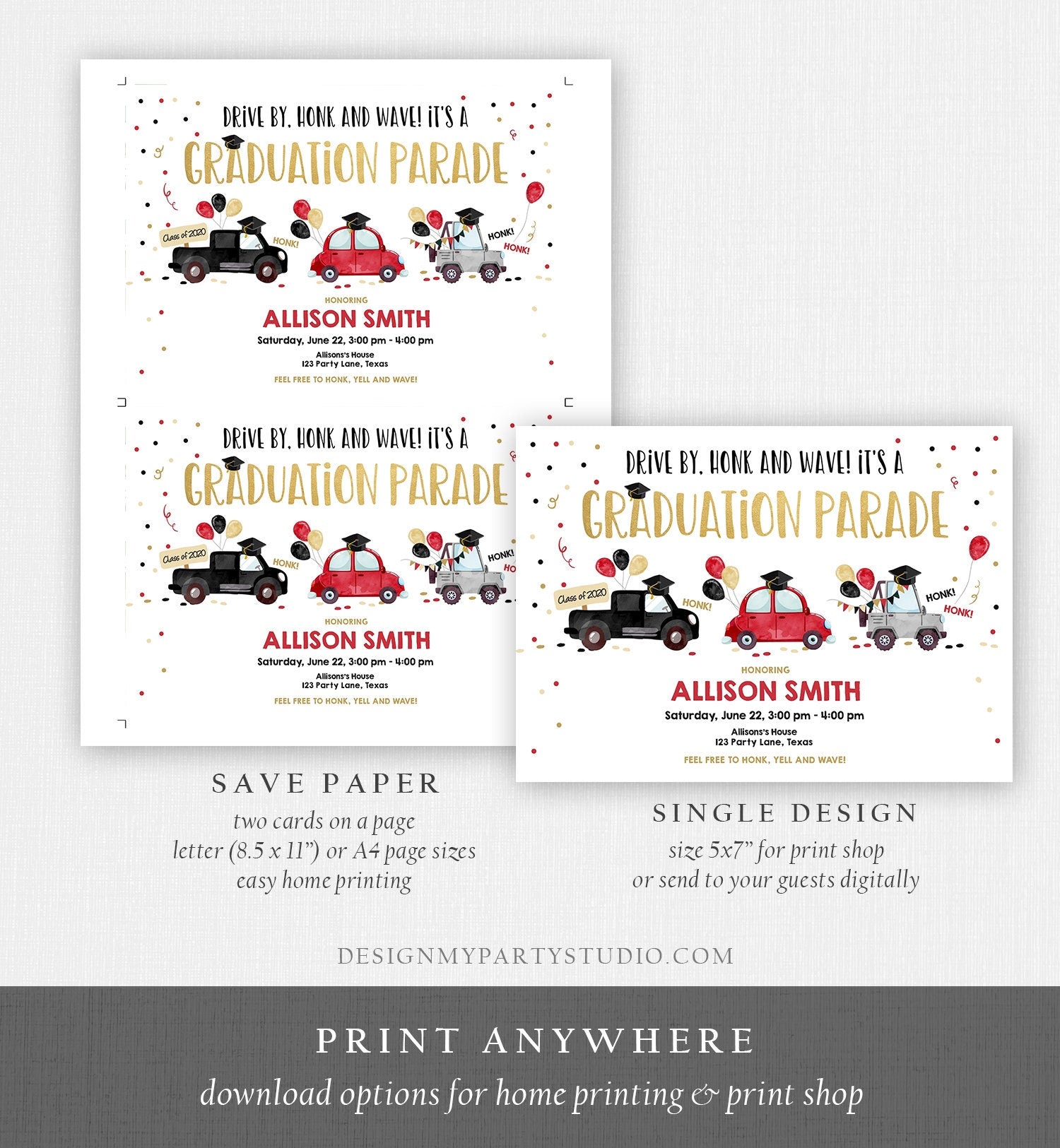 Editable Drive By Graduation Parade Invitation Drive Through Party Red Gold Quarantine Graduate 2021 High School Grad Download Corjl 0337