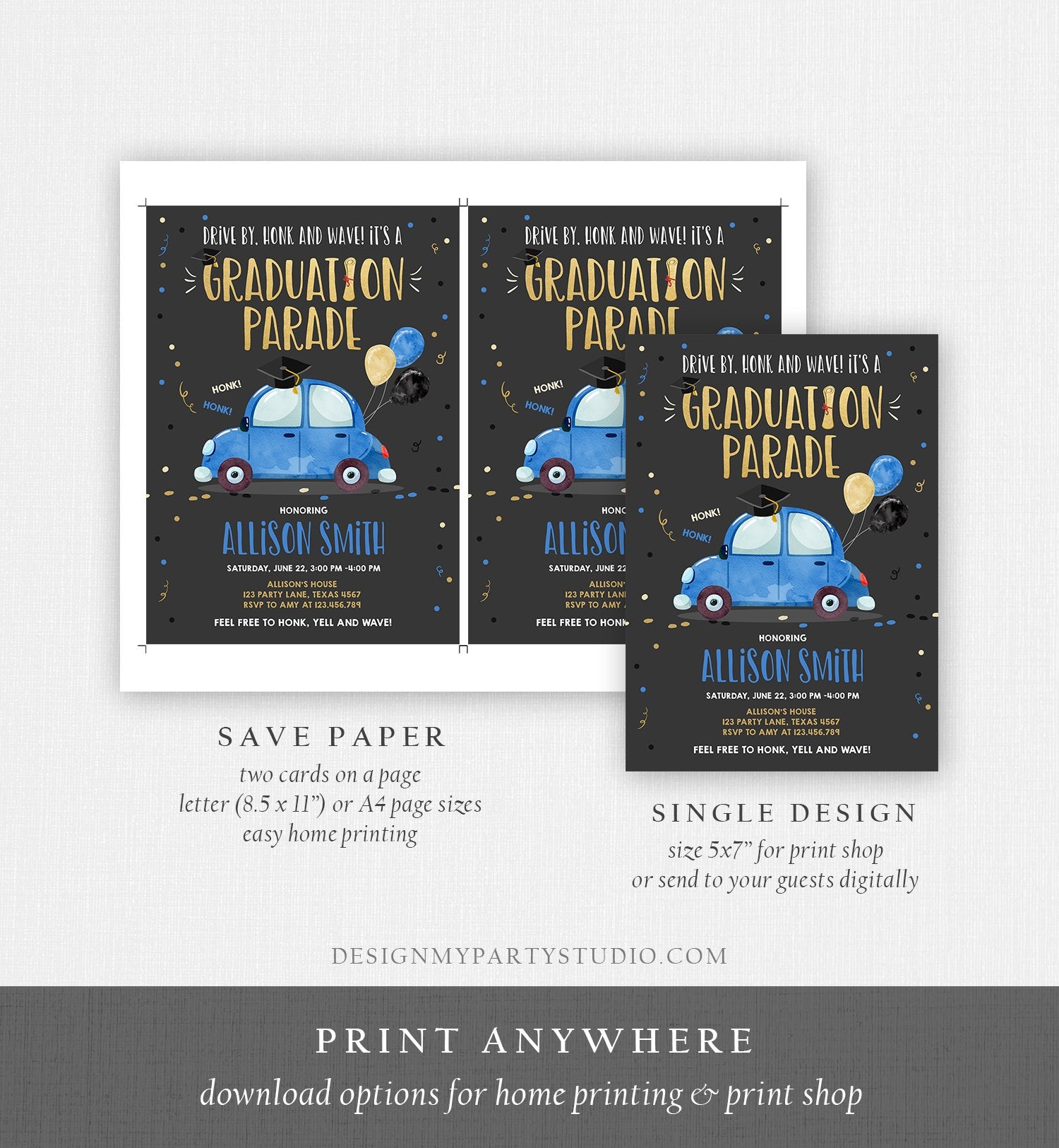 Editable Drive By Graduation Parade Invitation Drive Through Party Blue Gold Quarantine Graduate 2020 High School Grad Download Corjl 0337