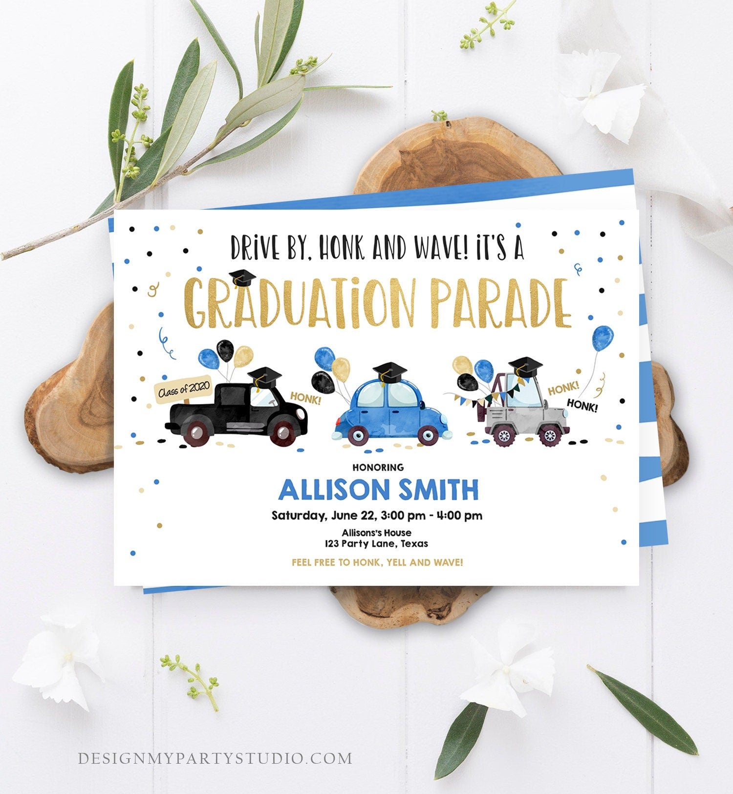 Editable Drive By Graduation Parade Invitation Drive Through Party Blue Gold Quarantine Graduate 2021 High School Grad Download Corjl 0337