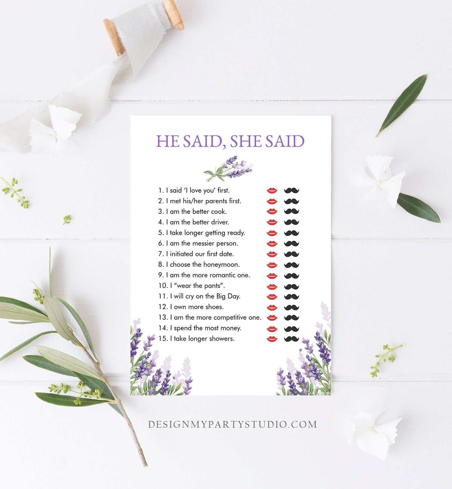 Editable He Said She Said Bridal Shower Game Lavender Bride or Groom Wedding Shower Activity Who said it Phrase Game Corjl PRINTABLE 0206