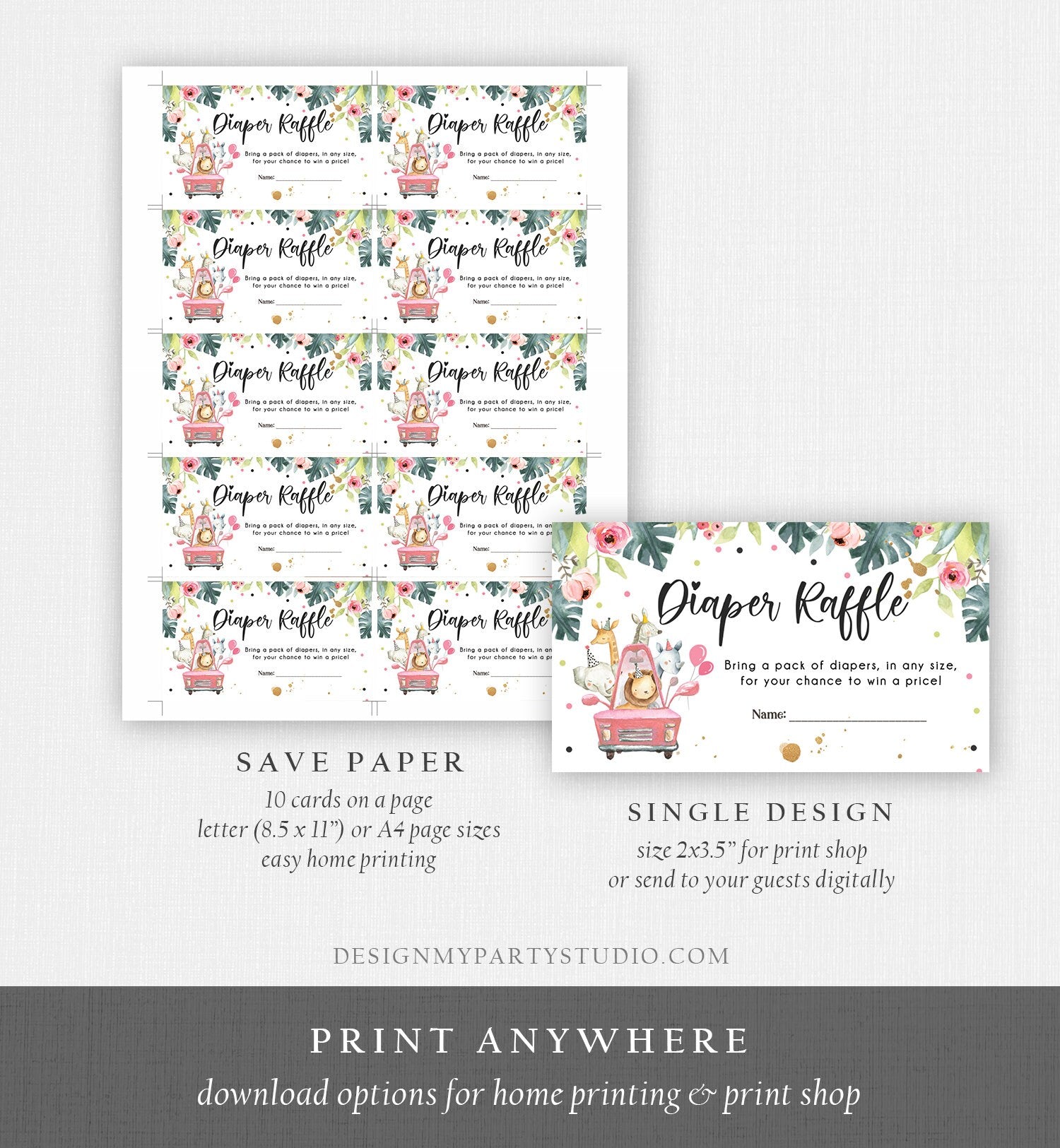 Editable Drive By Diaper Raffle Ticket Baby Shower Safari Animals Pink Floral Girl Drive Through Diaper Game Ticket Corjl Template 0163