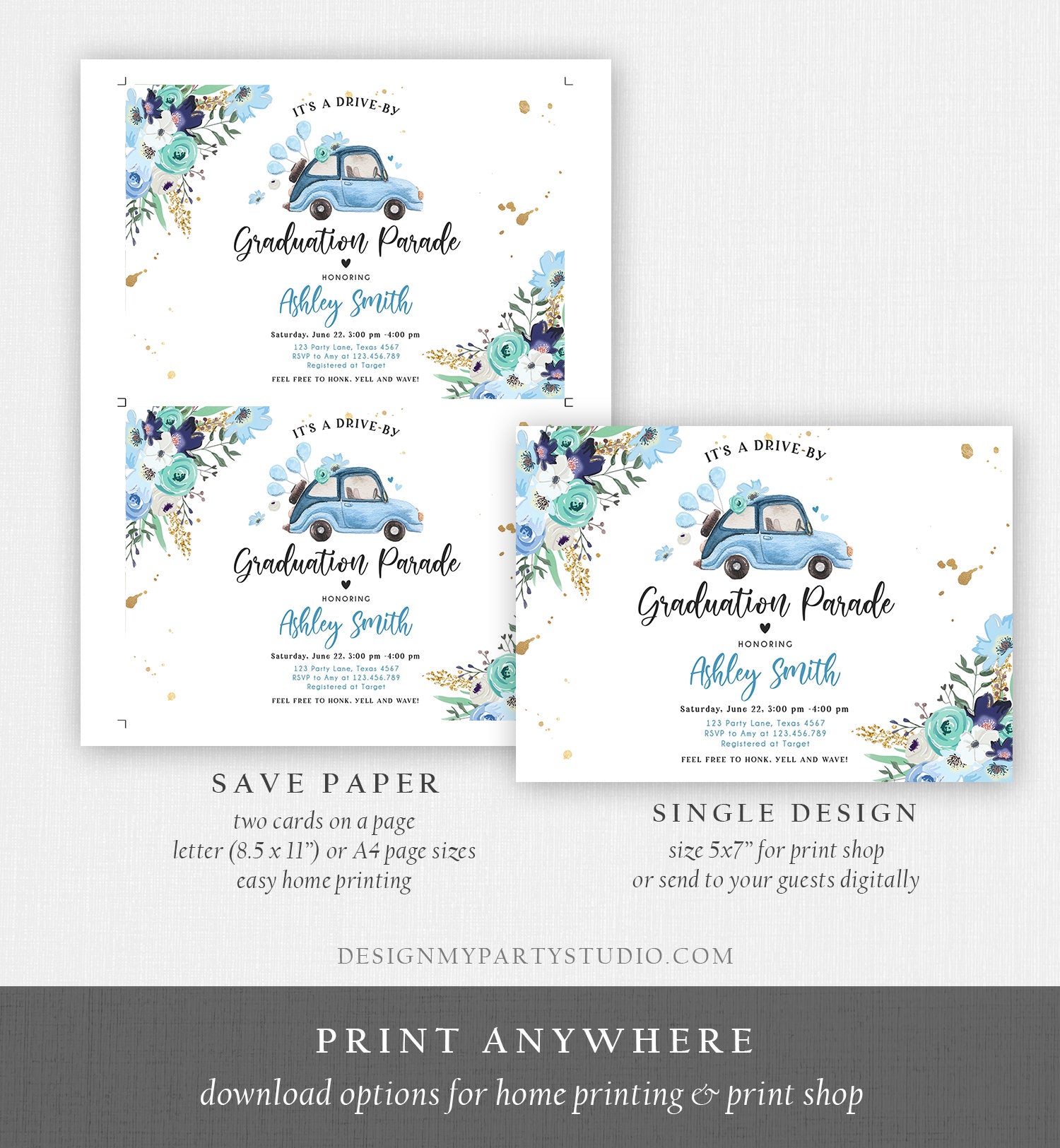 Editable Drive By Graduation Parade Invitation Drive Through Gold Blue Floral Girl Graduate School Grad Class 2020 Quarantine Corjl 0335