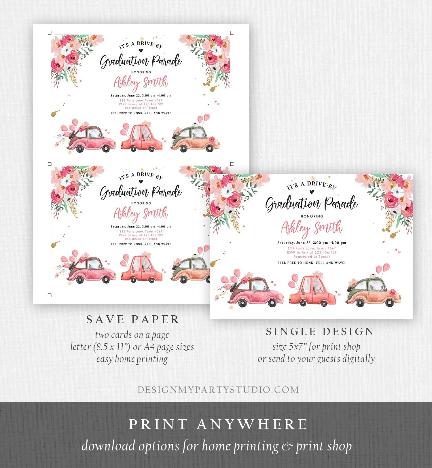 Editable Drive By Graduation Parade Invitation Drive Through Gold Pink Floral Girl Graduate School Grad Class 2020 Quarantine Corjl 0335