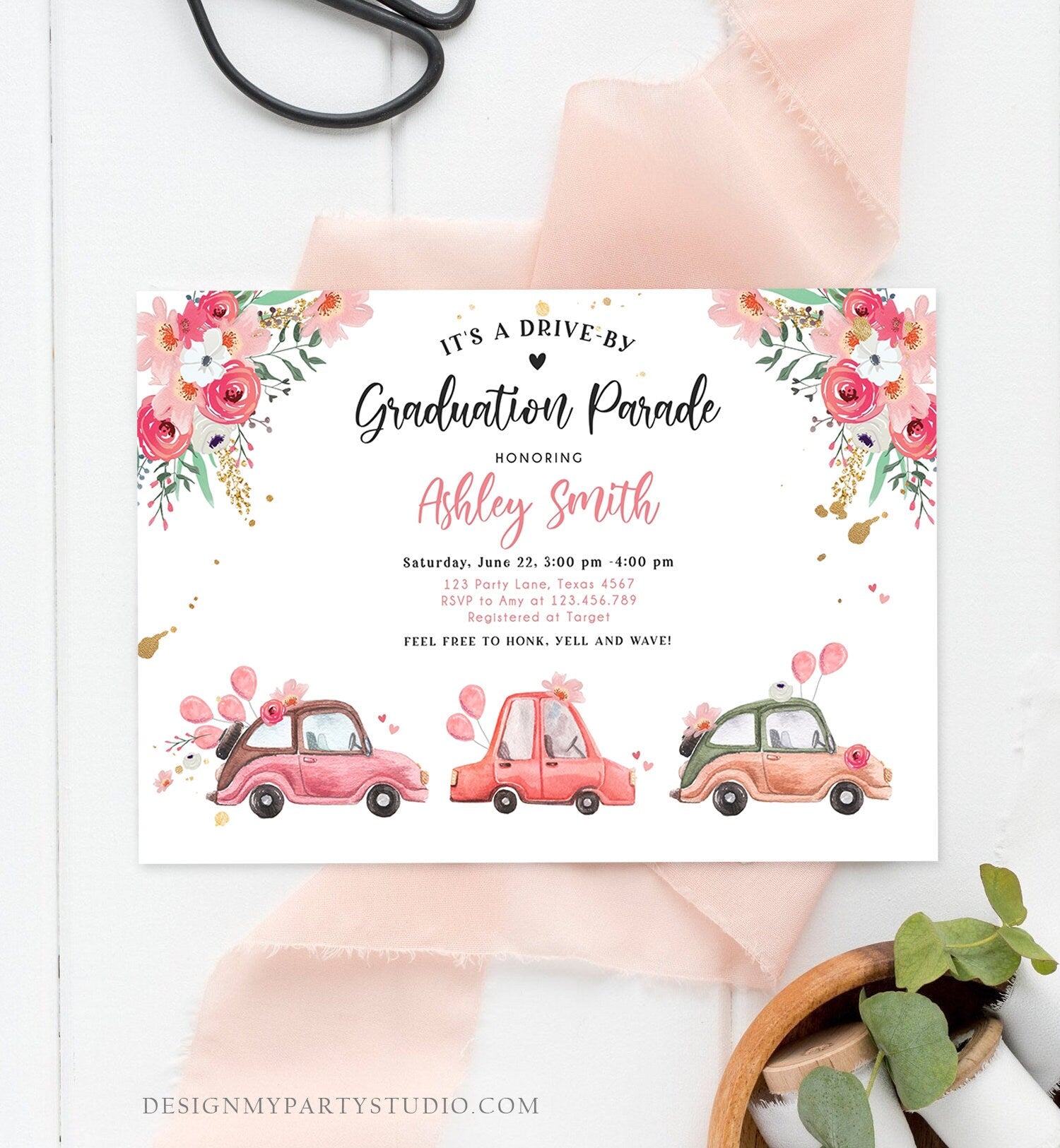 Editable Drive By Graduation Parade Invitation Drive Through Gold Pink Floral Girl Graduate School Grad Class 2020 Quarantine Corjl 0335