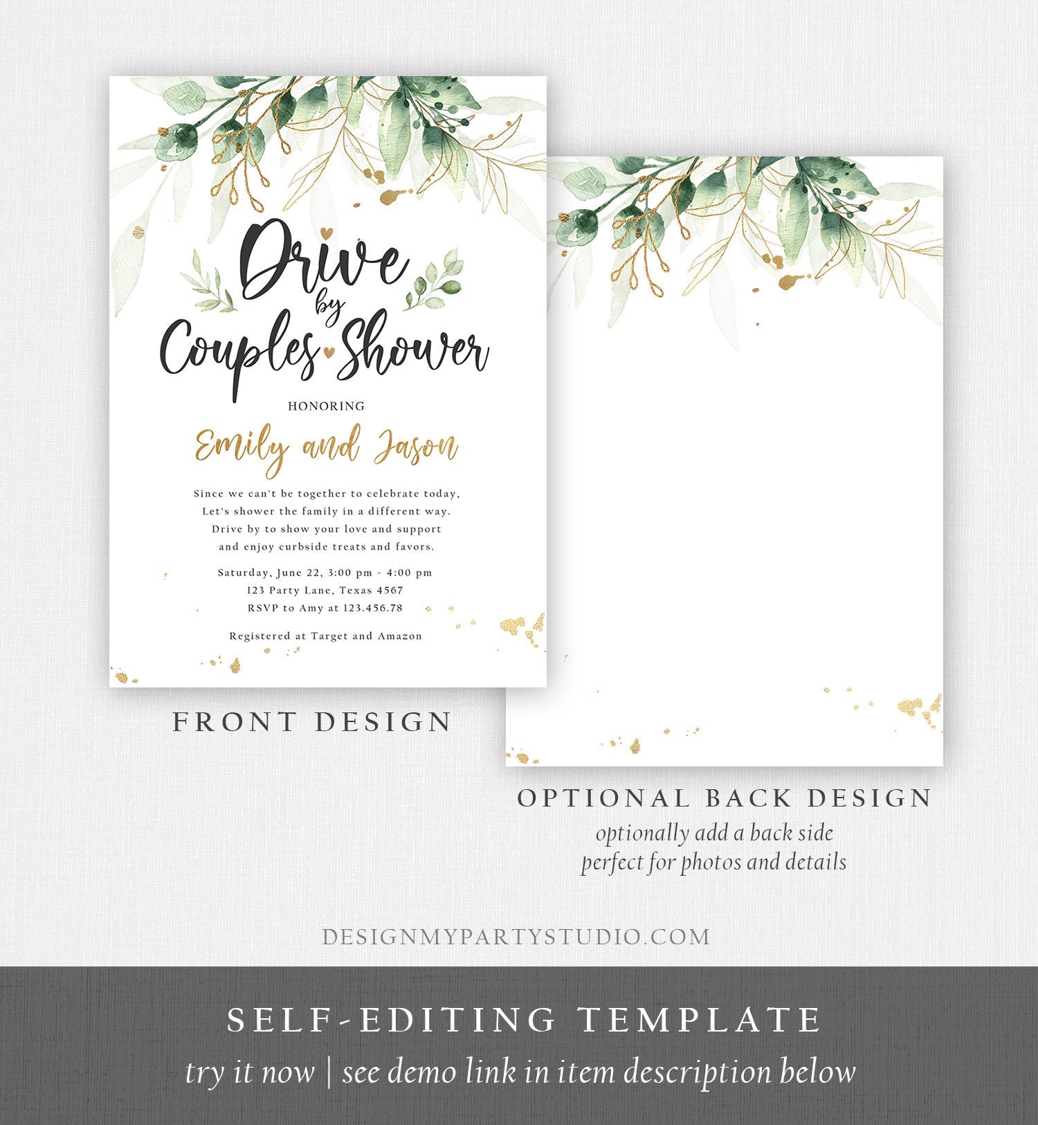 Editable Drive By Couples Shower Invitation Drive Through Social Distancing Gold Floral Greenery Bridal Coed Shower Corjl Template 0168