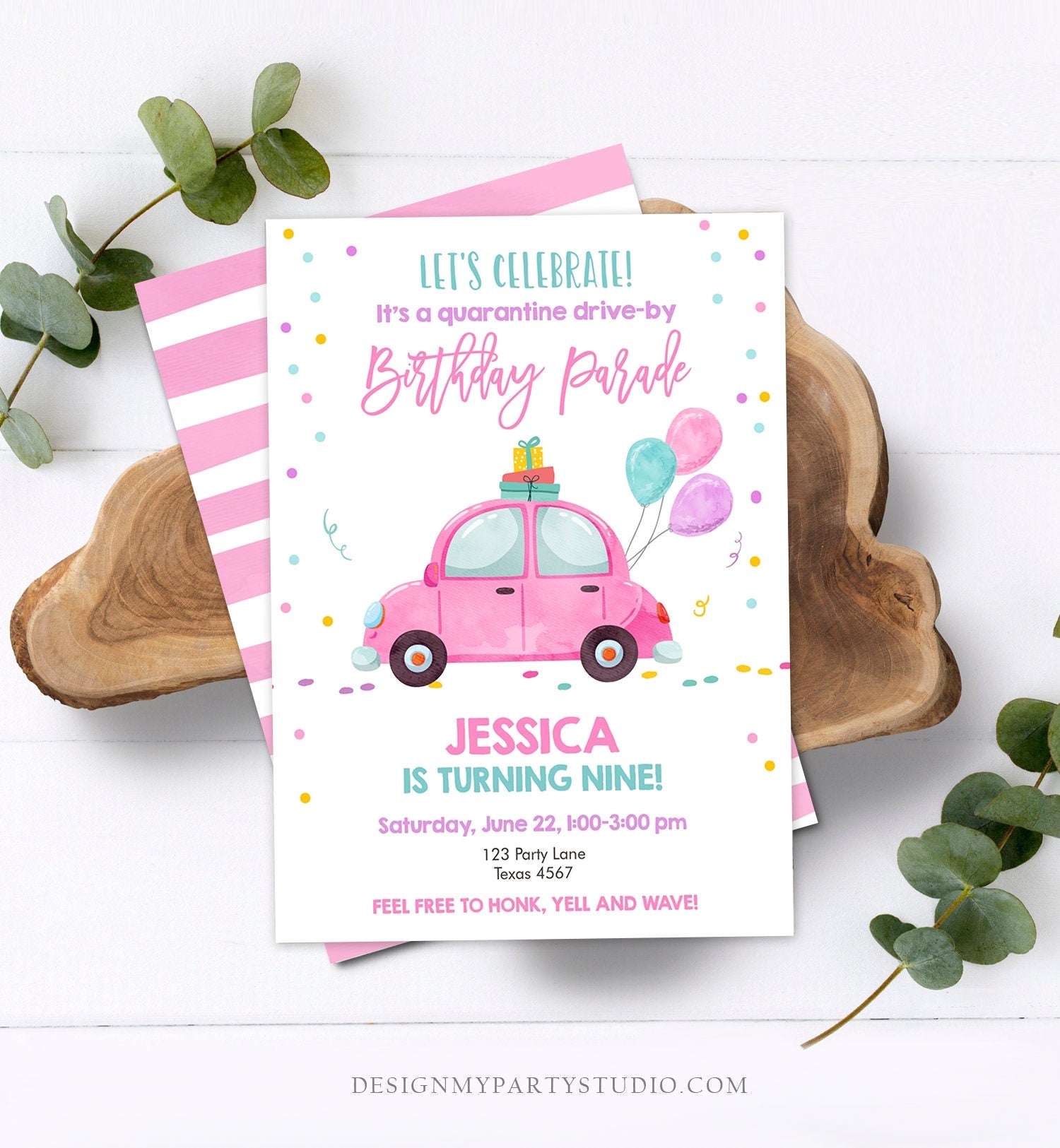 Editable Drive By Birthday Parade Invitation Virtual Birthday Party Invite Girl Pink Kid Quarantine Instant Download Digital Corjl 0333