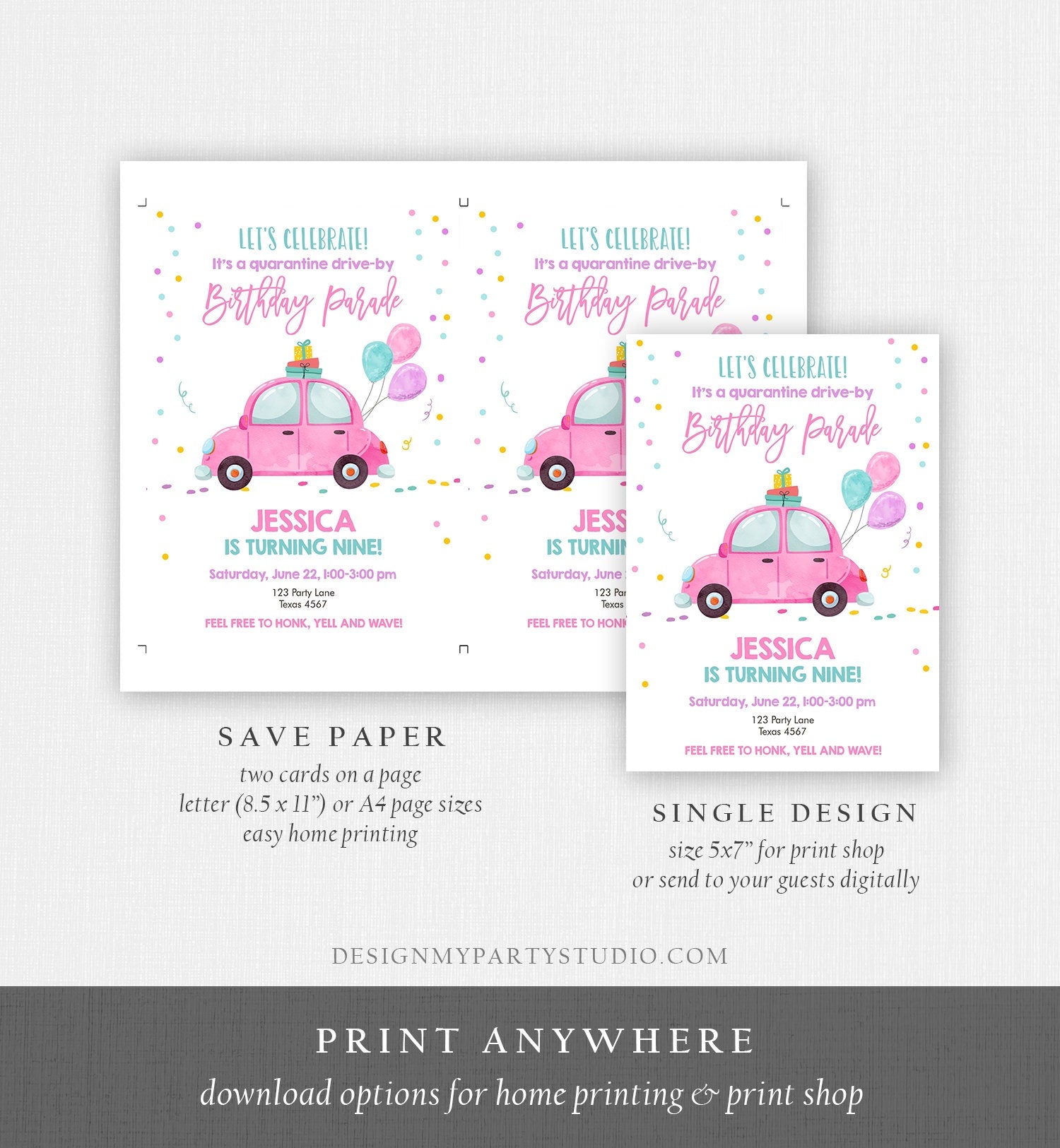 Editable Drive By Birthday Parade Invitation Virtual Birthday Party Invite Girl Pink Kid Quarantine Instant Download Digital Corjl 0333