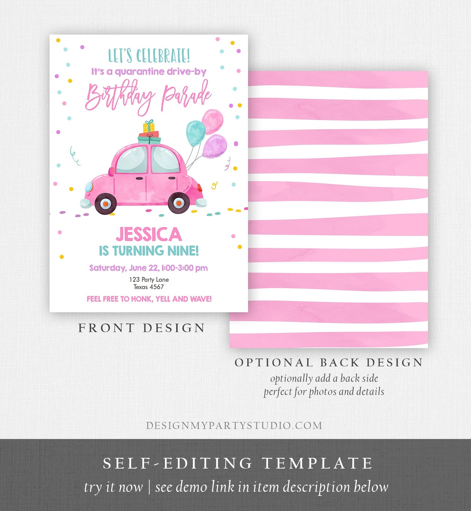 Editable Drive By Birthday Parade Invitation Virtual Birthday Party Invite Girl Pink Kid Quarantine Instant Download Digital Corjl 0333