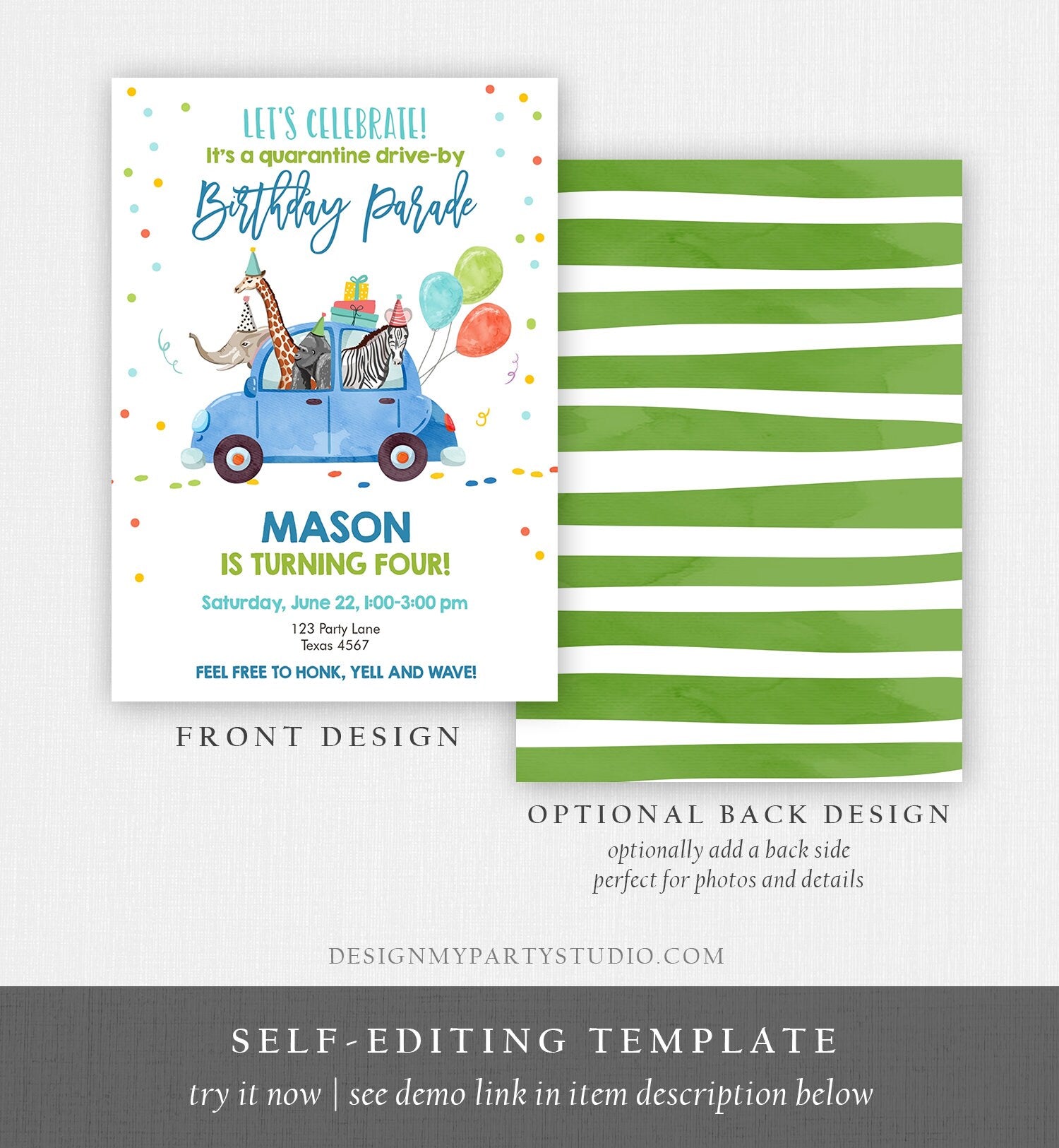 Editable Drive By Birthday Parade Invitation Virtual Party Invite Honk Wave Car Boy Blue Party Animals Safari Download Digital Corjl 0333