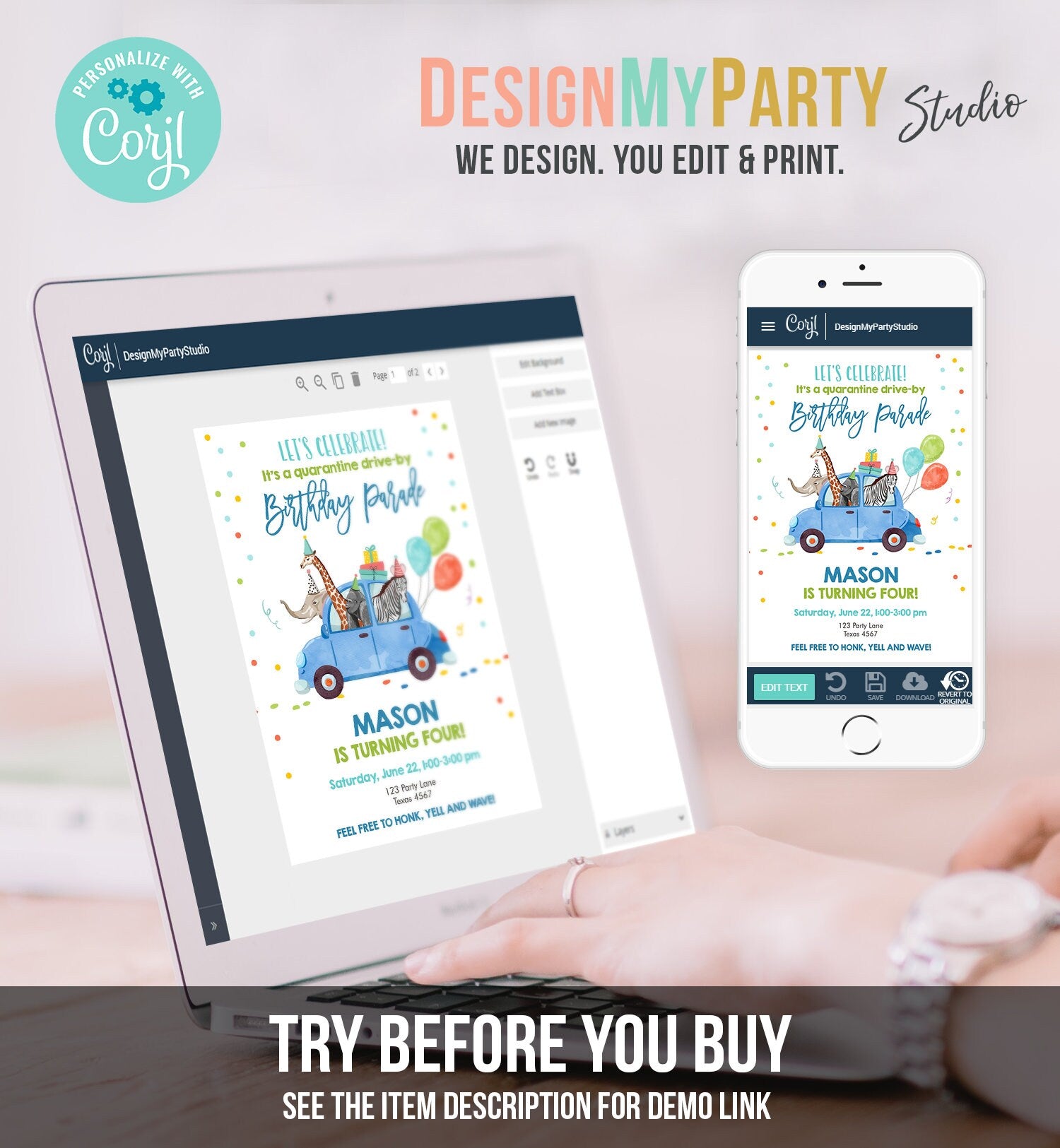 Editable Drive By Birthday Parade Invitation Virtual Party Invite Honk Wave Car Boy Blue Party Animals Safari Download Digital Corjl 0333