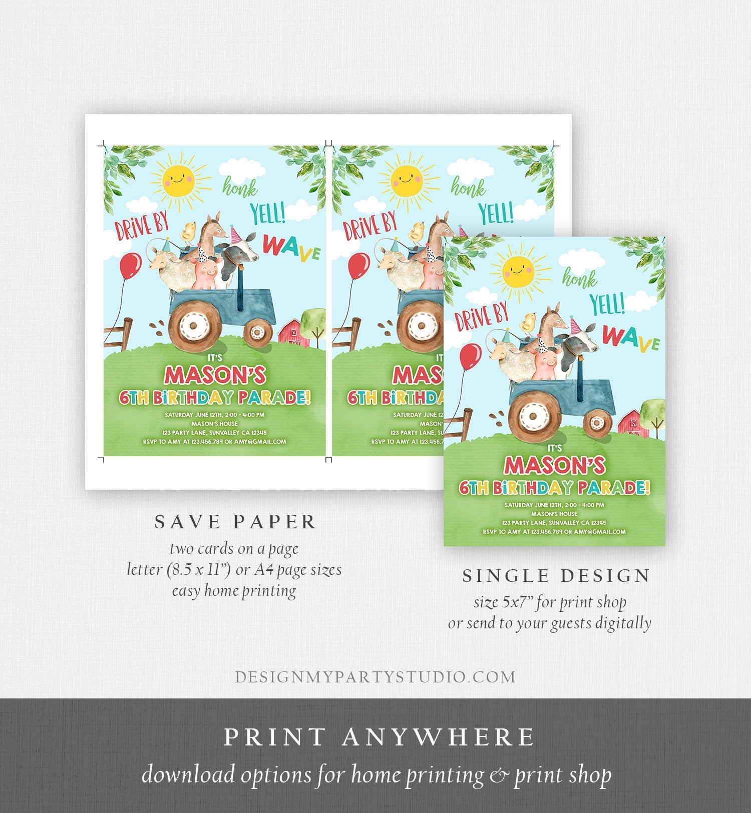 Editable Drive By Birthday Parade Invitation Farm Animals Virtual Party Invite Honk Wave Car Boy Blue Party Animals Digital Corjl 0155