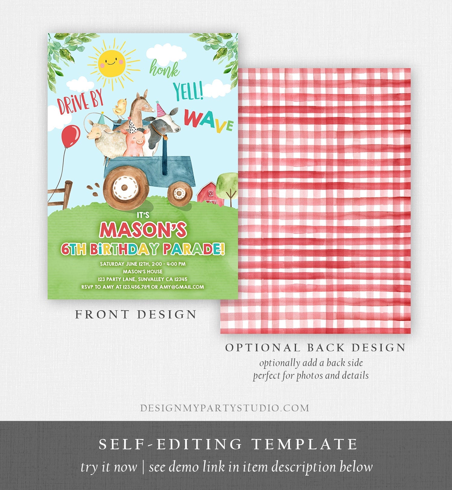 Editable Drive By Birthday Parade Invitation Farm Animals Virtual Party Invite Honk Wave Car Boy Blue Party Animals Digital Corjl 0155