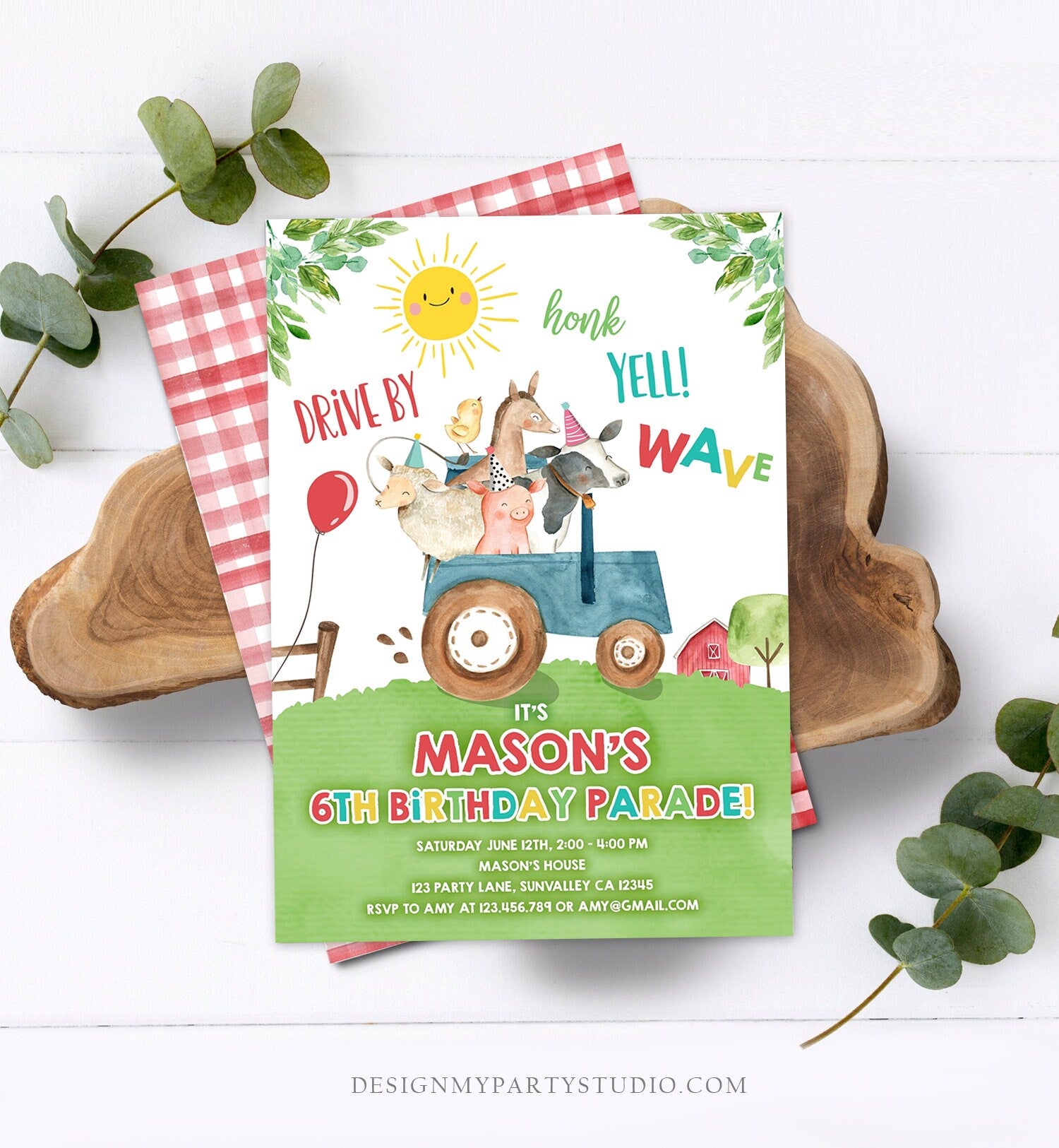 Editable Drive By Birthday Parade Invitation Farm Animals Virtual Party Invite Honk Wave Car Boy Blue Party Animals Digital Corjl 0155