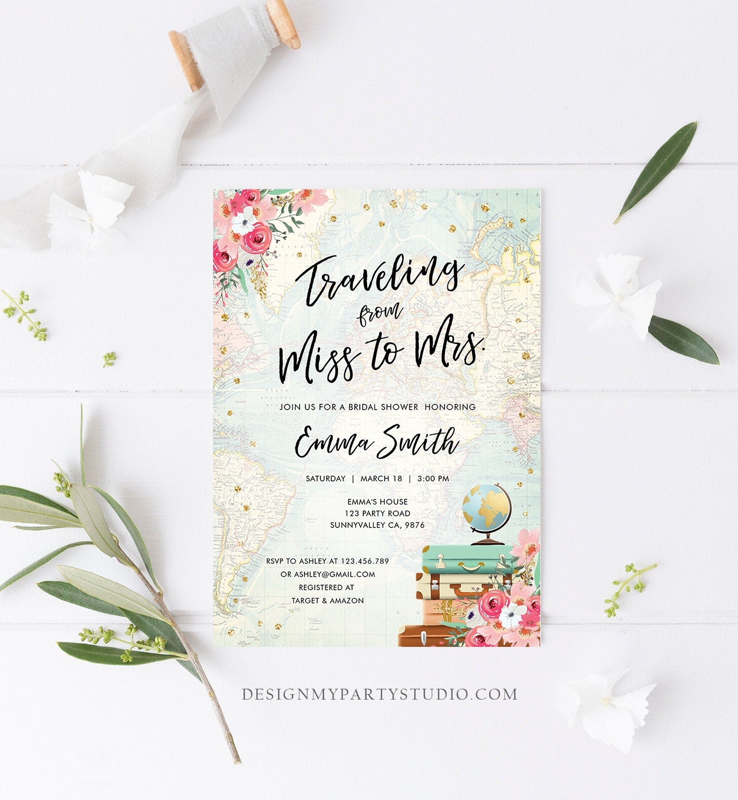 Editable Miss to Mrs Travel Bridal Shower Invitation Flowers Globe Suitcase Gold Confetti Traveling Download Printable Corjl Template 0030