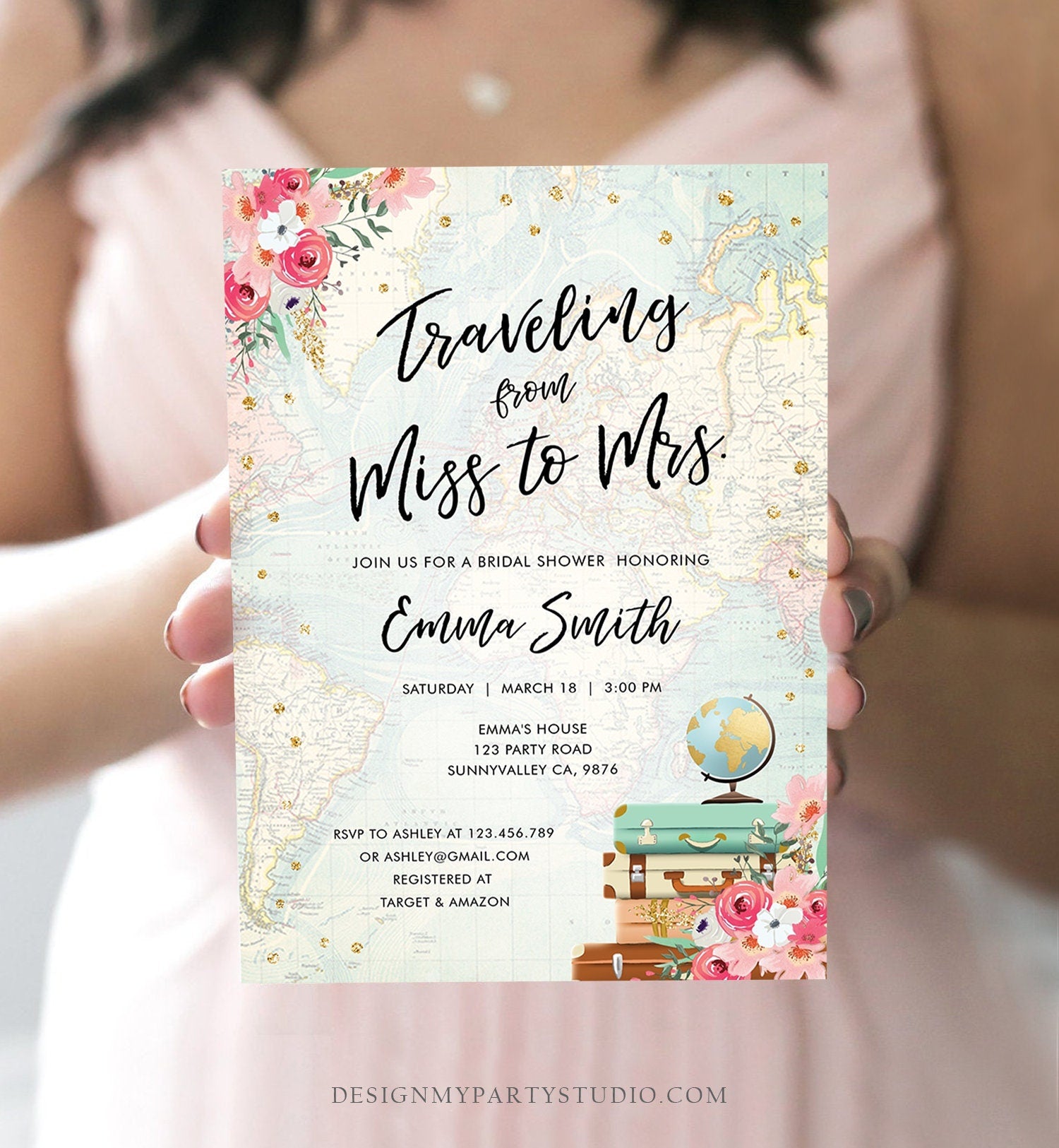 Editable Miss to Mrs Travel Bridal Shower Invitation Flowers Globe Suitcase Gold Confetti Traveling Download Printable Corjl Template 0030