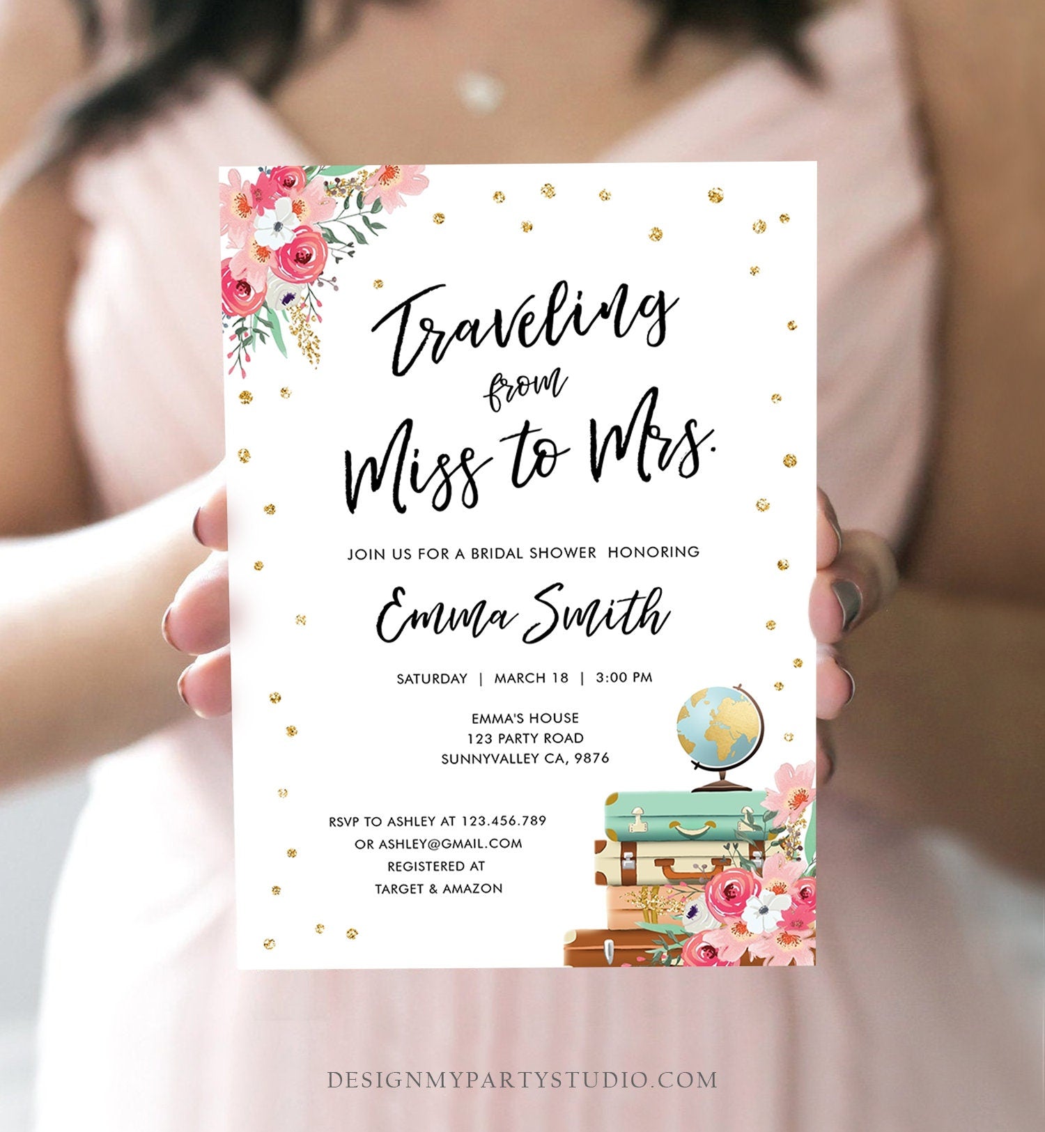 Editable Miss to Mrs Travel Bridal Shower Invitation Flowers Globe Suitcase Gold Confetti Traveling Download Printable Corjl Template 0030