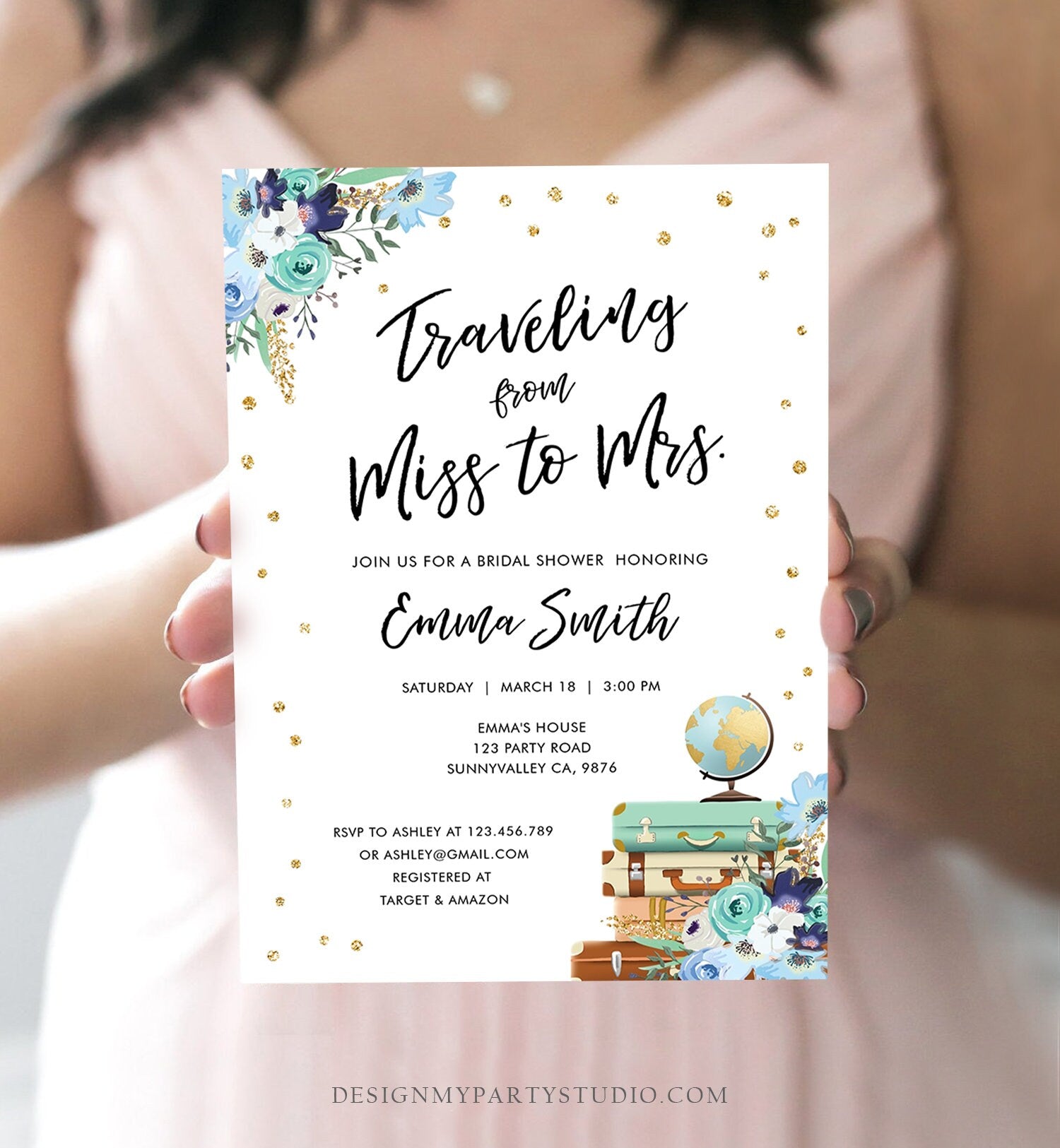 Editable Miss to Mrs Travel Bridal Shower Invitation Flowers Globe Suitcase Navy Blue Gold Confetti Traveling Printable Corjl Template 0030