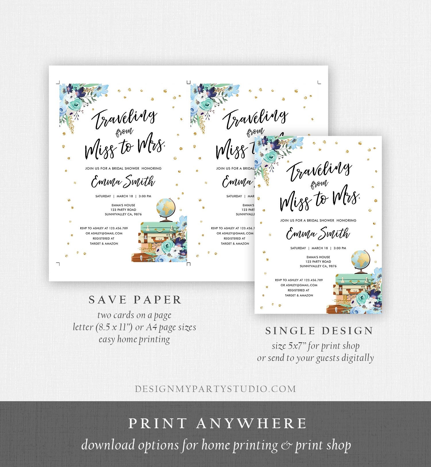 Editable Miss to Mrs Travel Bridal Shower Invitation Flowers Globe Suitcase Navy Blue Gold Confetti Traveling Printable Corjl Template 0030