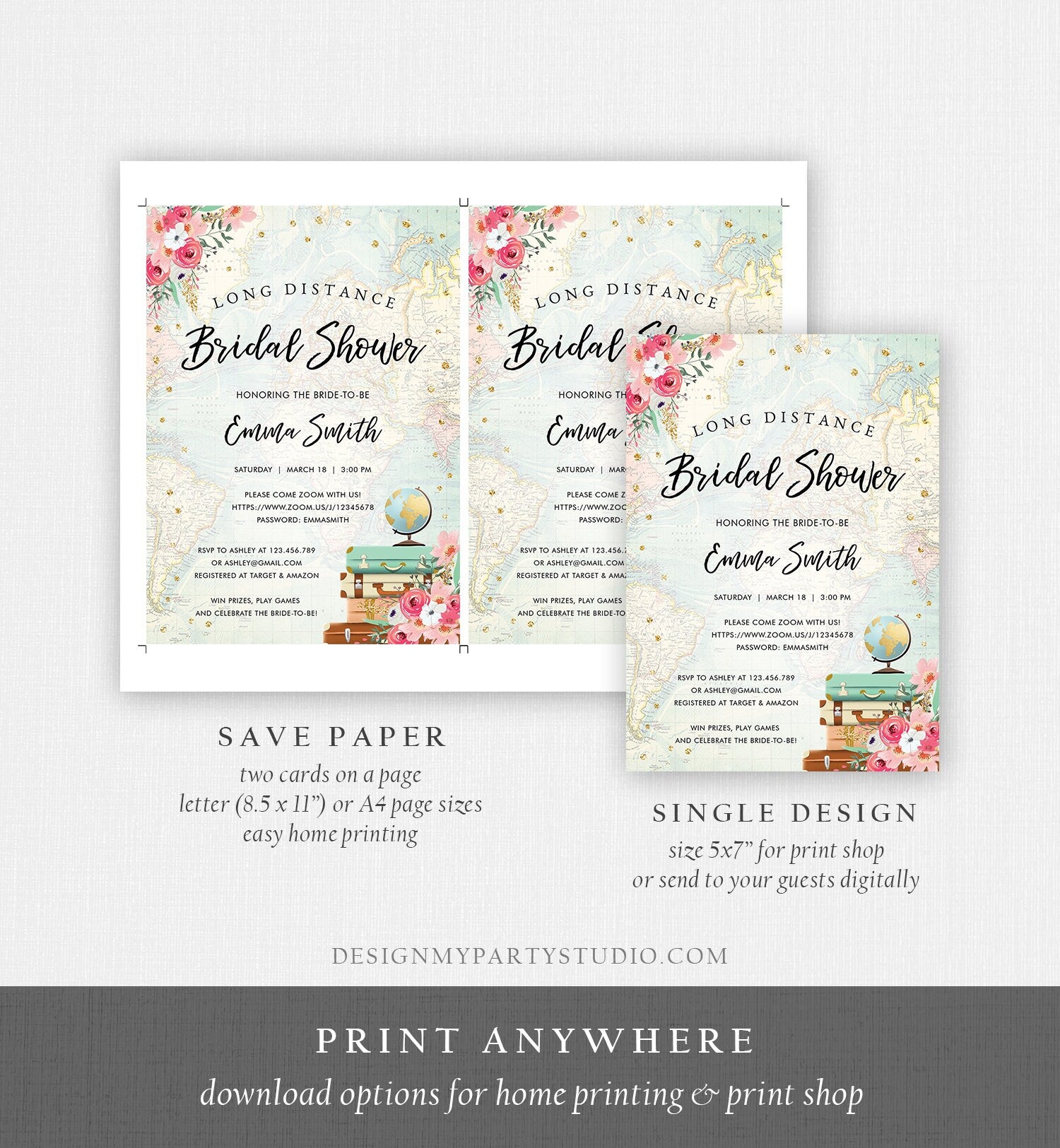 Editable Long Distance Bridal Shower Invitation Travel Pink Floral Virtual Shower By Mail Globe Suitcase Gold Confetti Corjl Template 0030