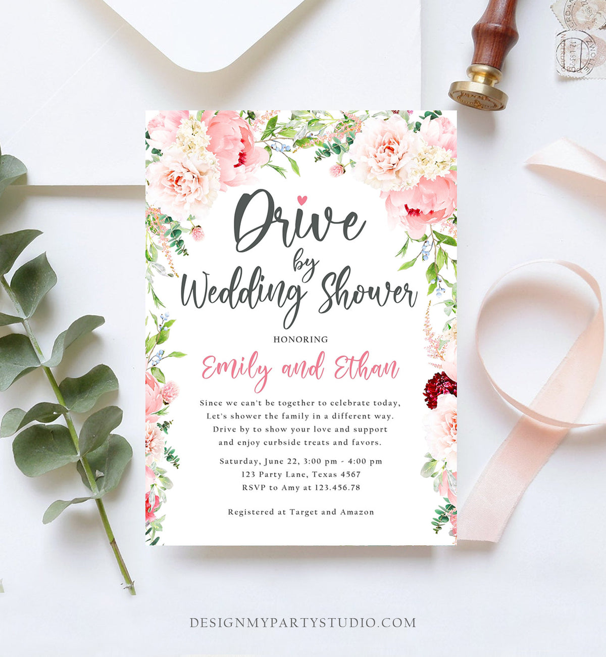 Editable Drive By Wedding Shower Invitation Drive Through Social Distancing Peony Floral Botanical Couples Coed Shower Corjl Template 0168